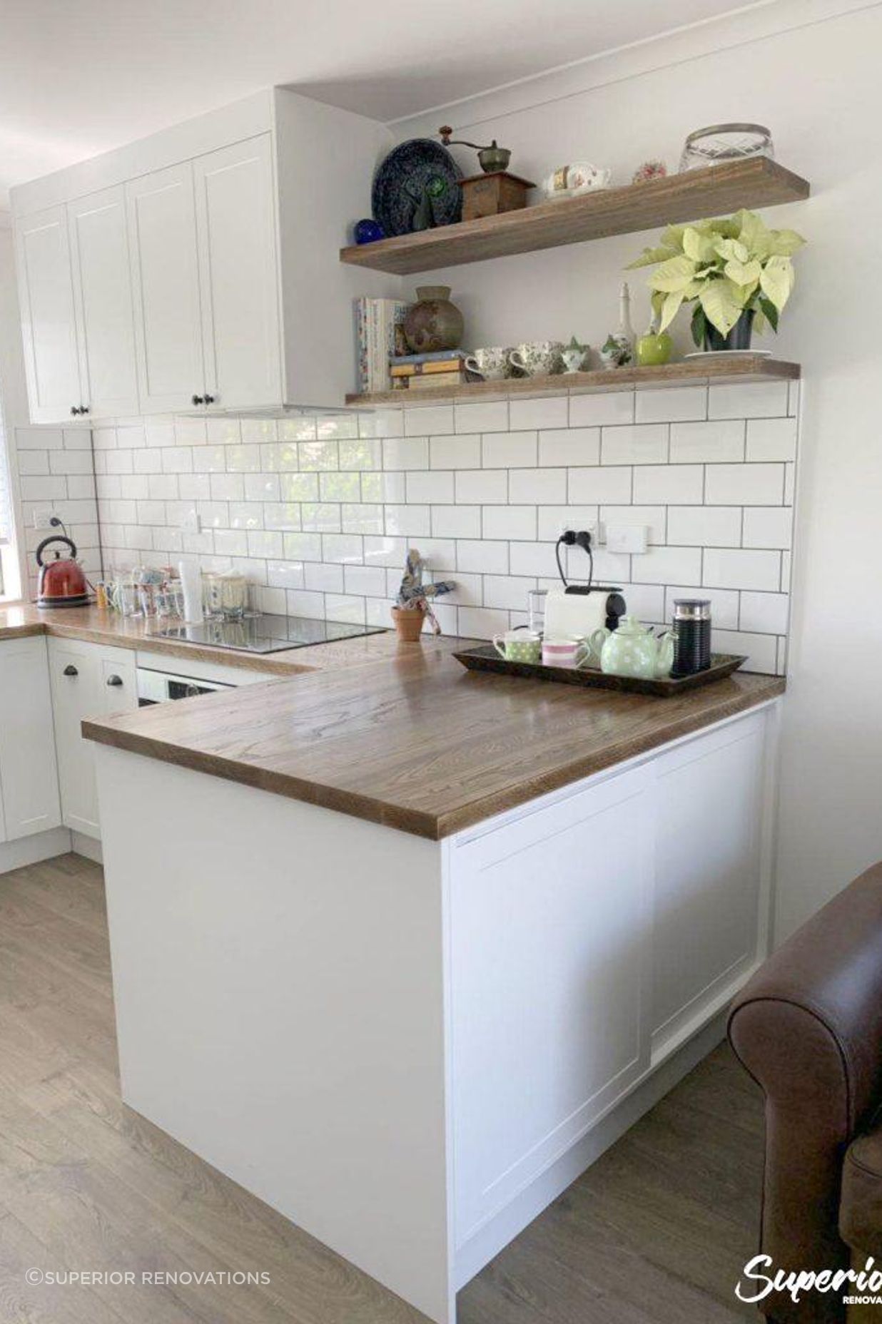 Full Kitchen renovation in Mangere Bridge – Floating shelves add a focal point as well as storage for the kitchen