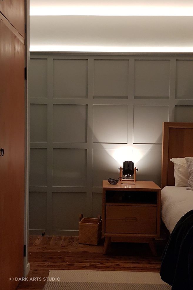Darkarts Studio outfitted this bedroom with atmospheric and practical lighting with multiple colour temperatures.