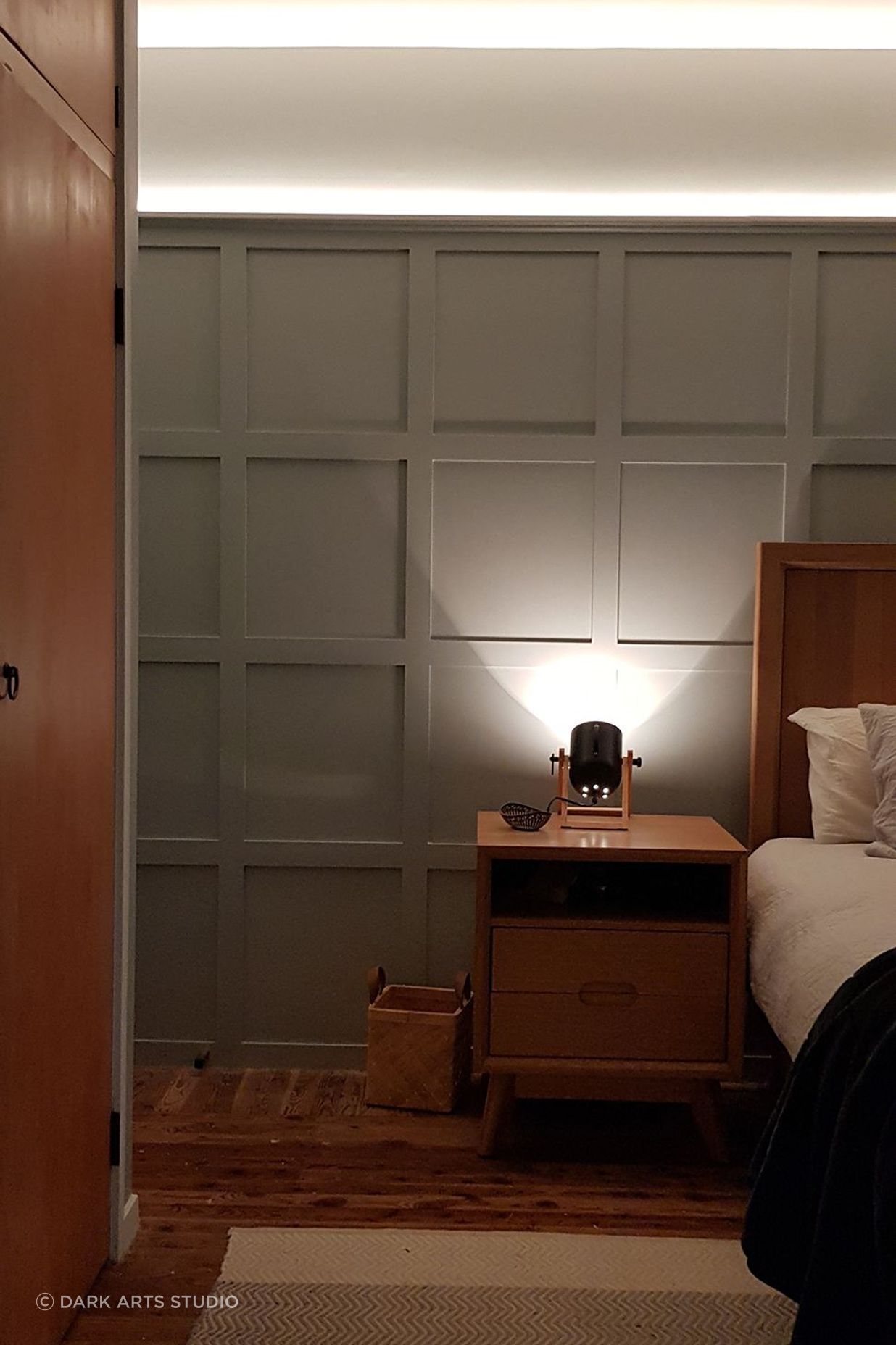 Darkarts Studio outfitted this bedroom with atmospheric and practical lighting with multiple colour temperatures.