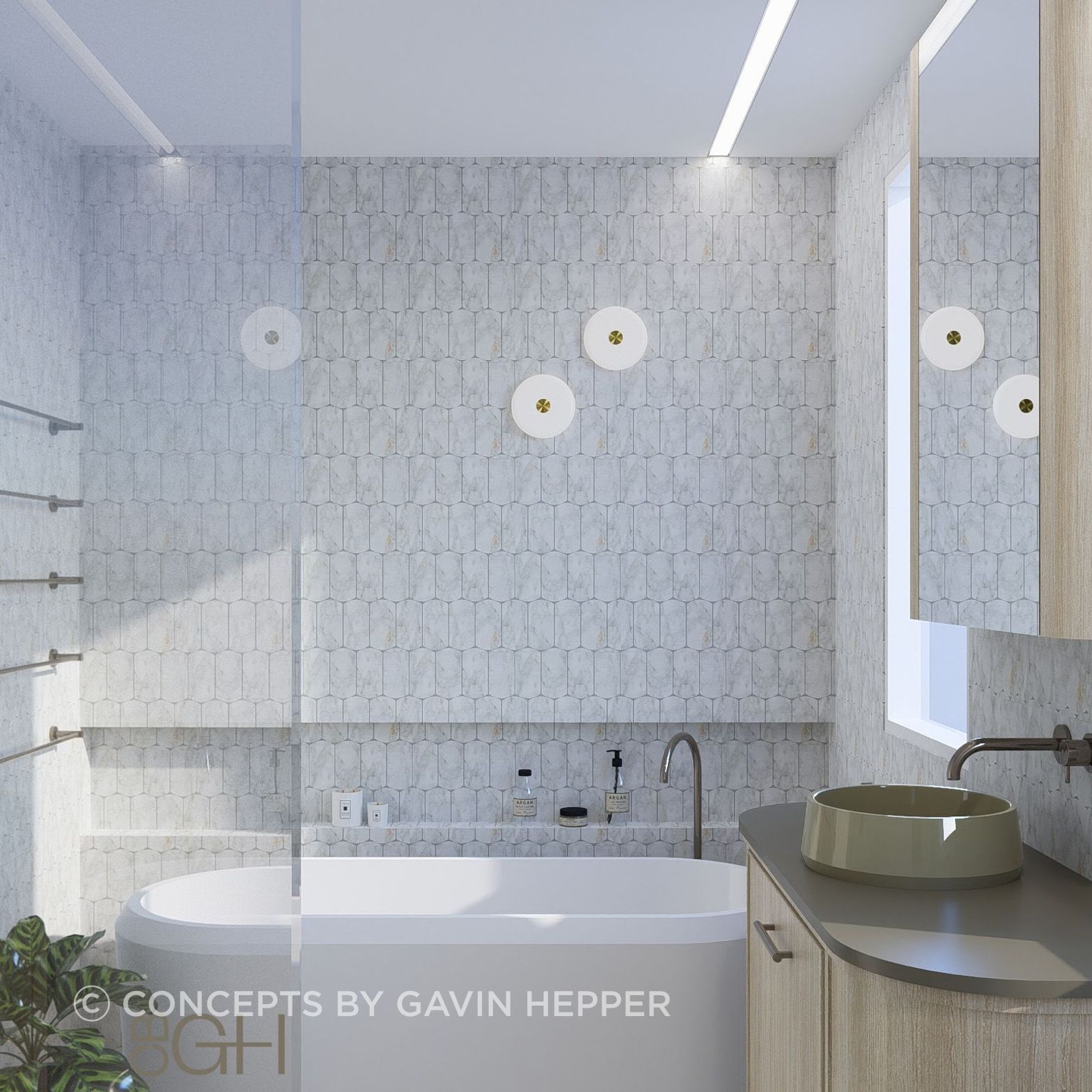 3D render of the Main Bathroom.  Completed in house.