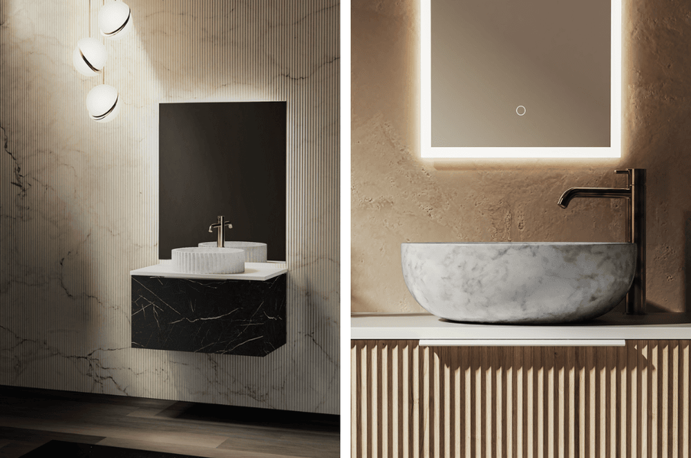 The new Toscana Opaco vanity in catalina (left) and Marmo round vessel basin in Mugla White (right)