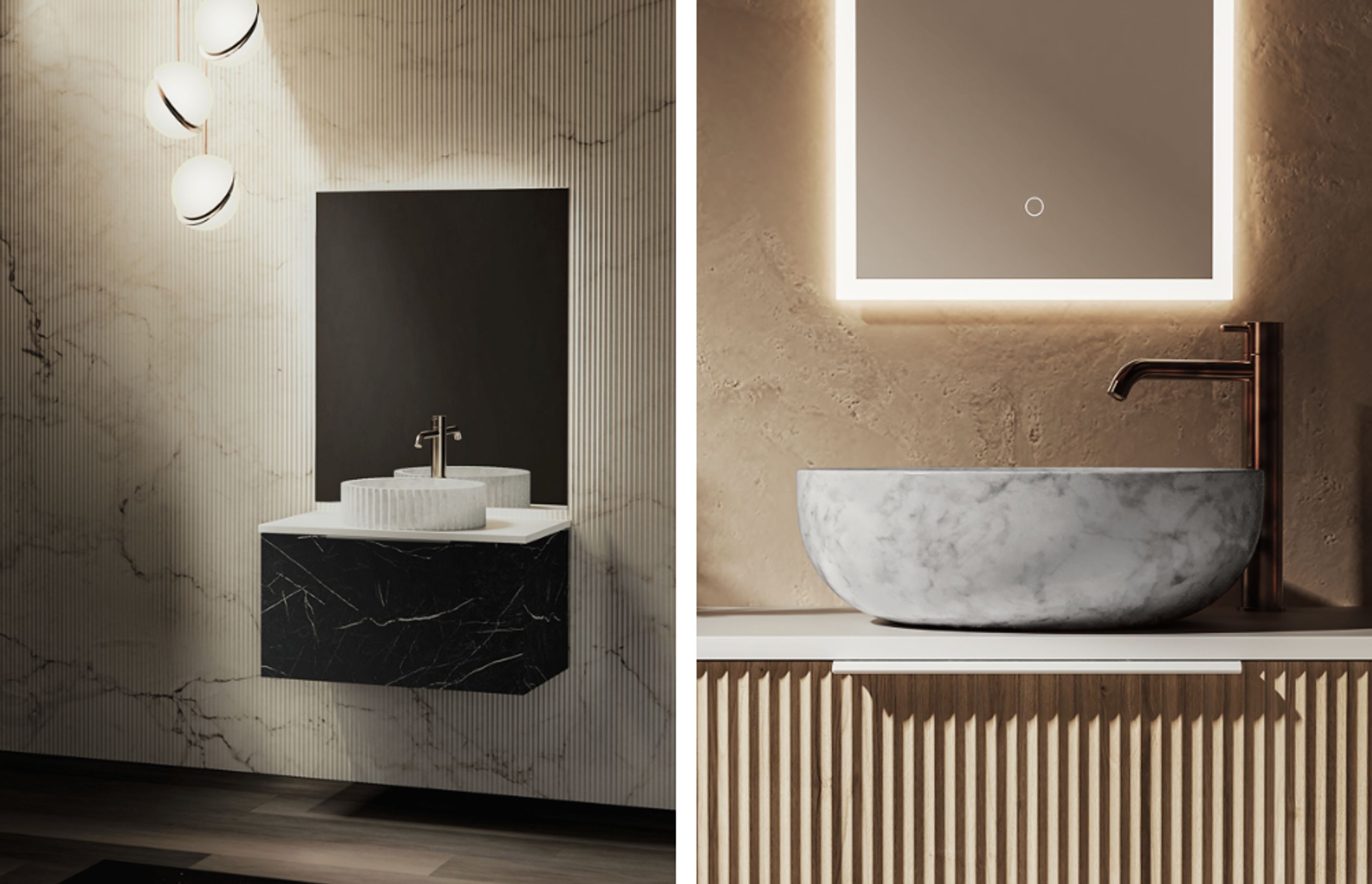 The new Toscana Opaco vanity in catalina (left) and Marmo round vessel basin in Mugla White (right)