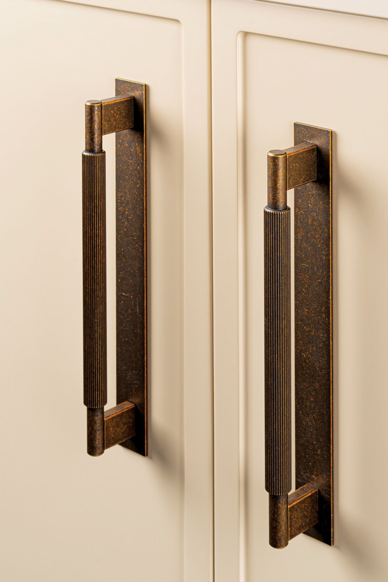 Momo Handles Arpa range in bronze with backplate.