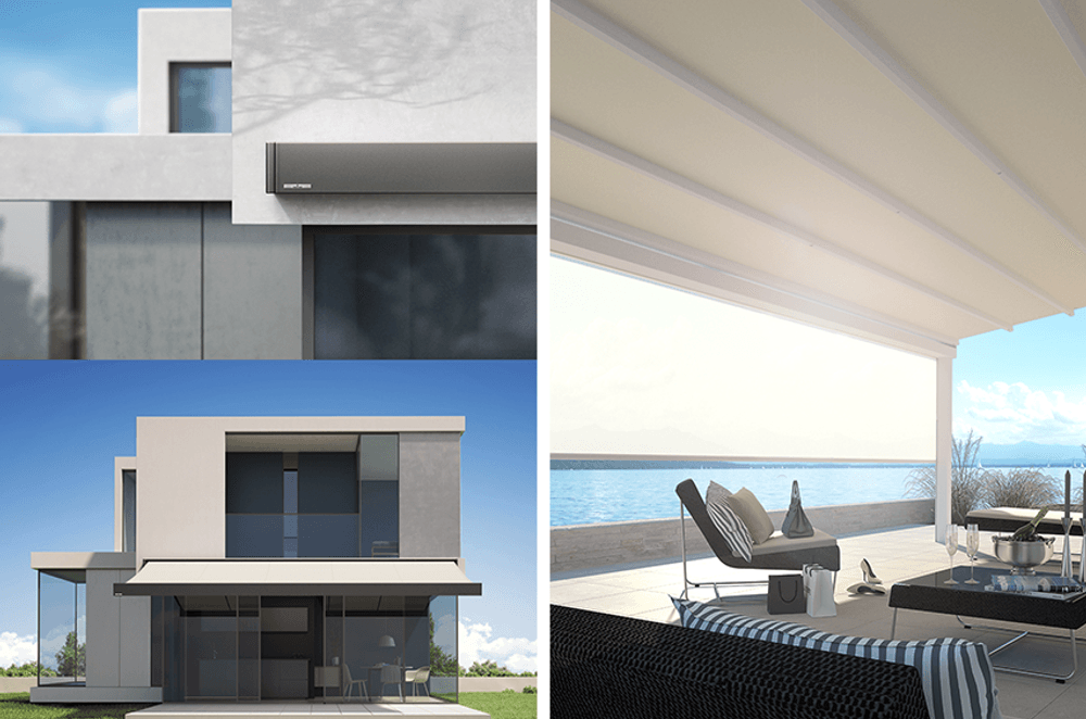 With its cubic form, Kubata (left) blends perfectly with modern architecture as a stylish design element. The Cabrio-Folding System of PergoTex II (right) is rain-proof, wind stable and completely retractable. Here, it's been teamed with the VertiTex vert