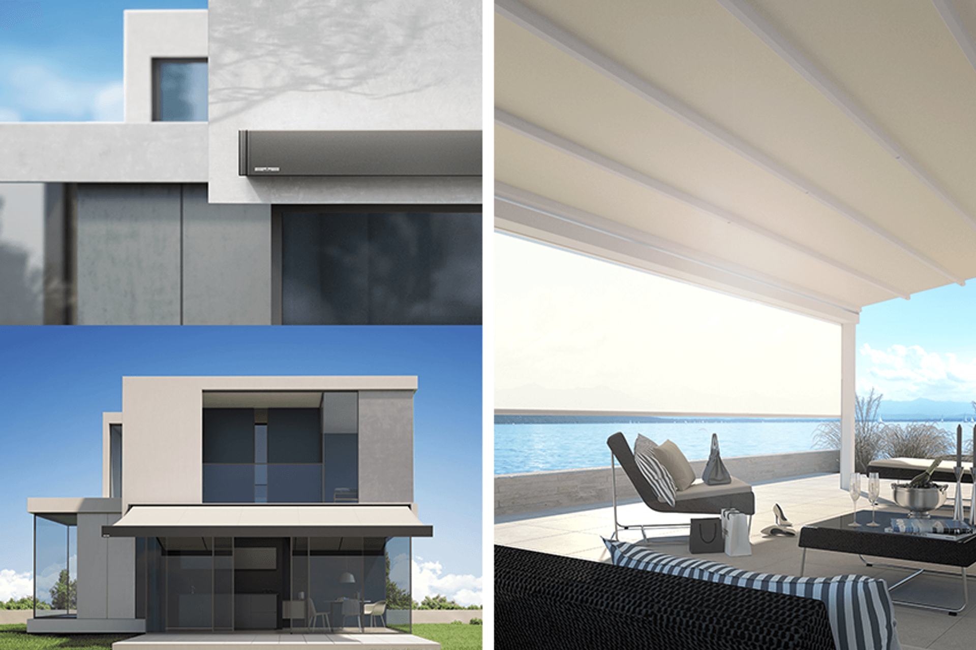 With its cubic form, Kubata (left) blends perfectly with modern architecture as a stylish design element. The Cabrio-Folding System of PergoTex II (right) is rain-proof, wind stable and completely retractable. Here, it's been teamed with the VertiTex vert
