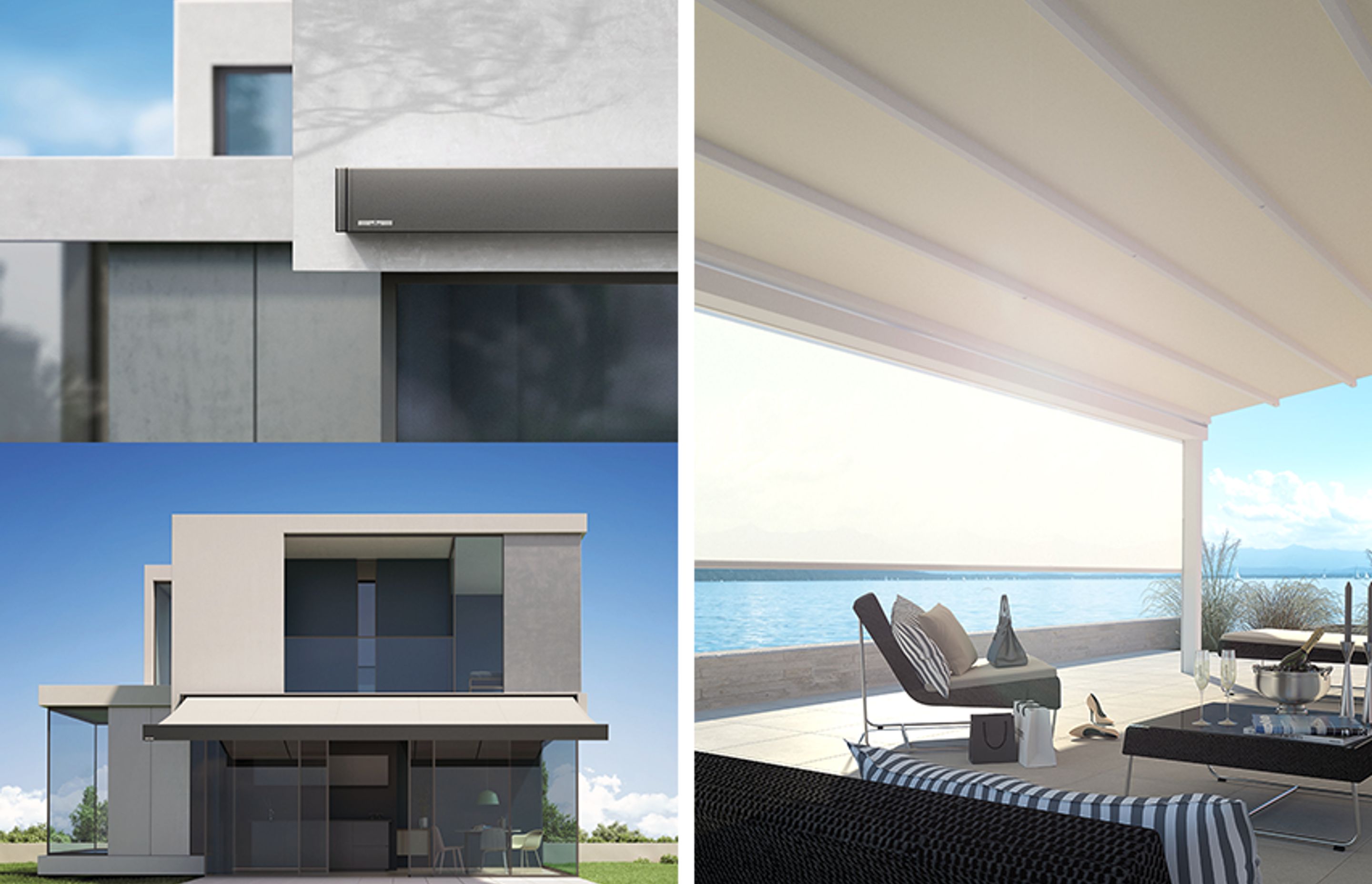 With its cubic form, Kubata (left) blends perfectly with modern architecture as a stylish design element. The Cabrio-Folding System of PergoTex II (right) is rain-proof, wind stable and completely retractable. Here, it's been teamed with the VertiTex vert