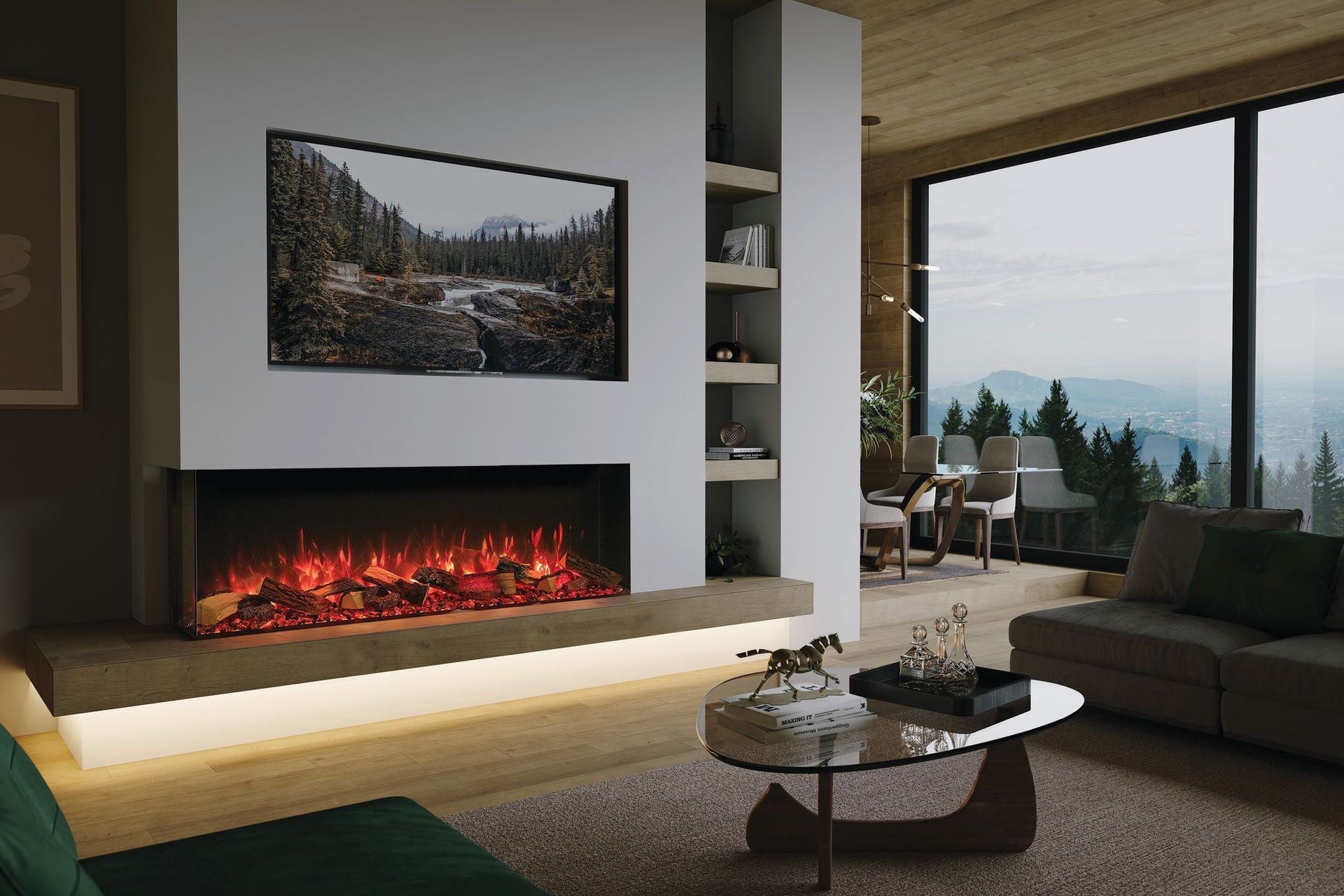 An Avanti 150RW with oak logs is set to the left, leaving room for shelving.