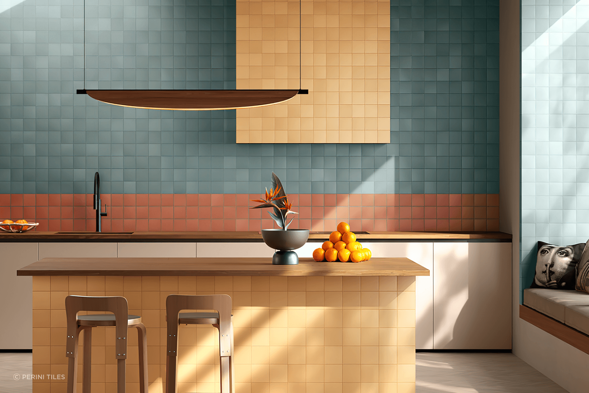 Available in a selection of classic square tiles and subway tile options, the Axel collection offers a smooth matte tile finish in a range of bold colours. A contemporary tiling solution, Axel can be used as both a floor or wall tile throughout the home’s interior spaces.