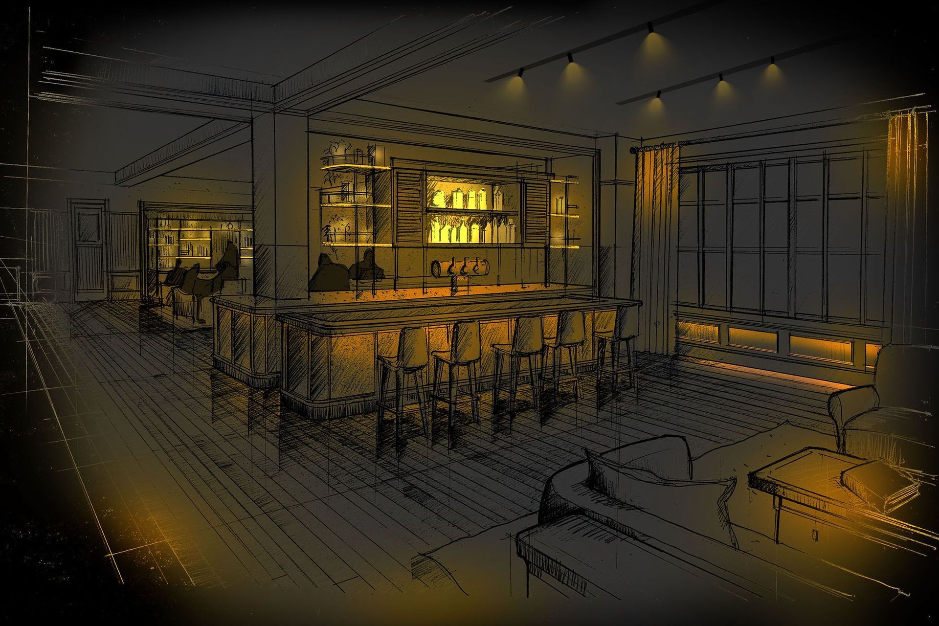 Darkarts Studio have created a beautiful lighting design concept for a cosy, warmly lit bar.