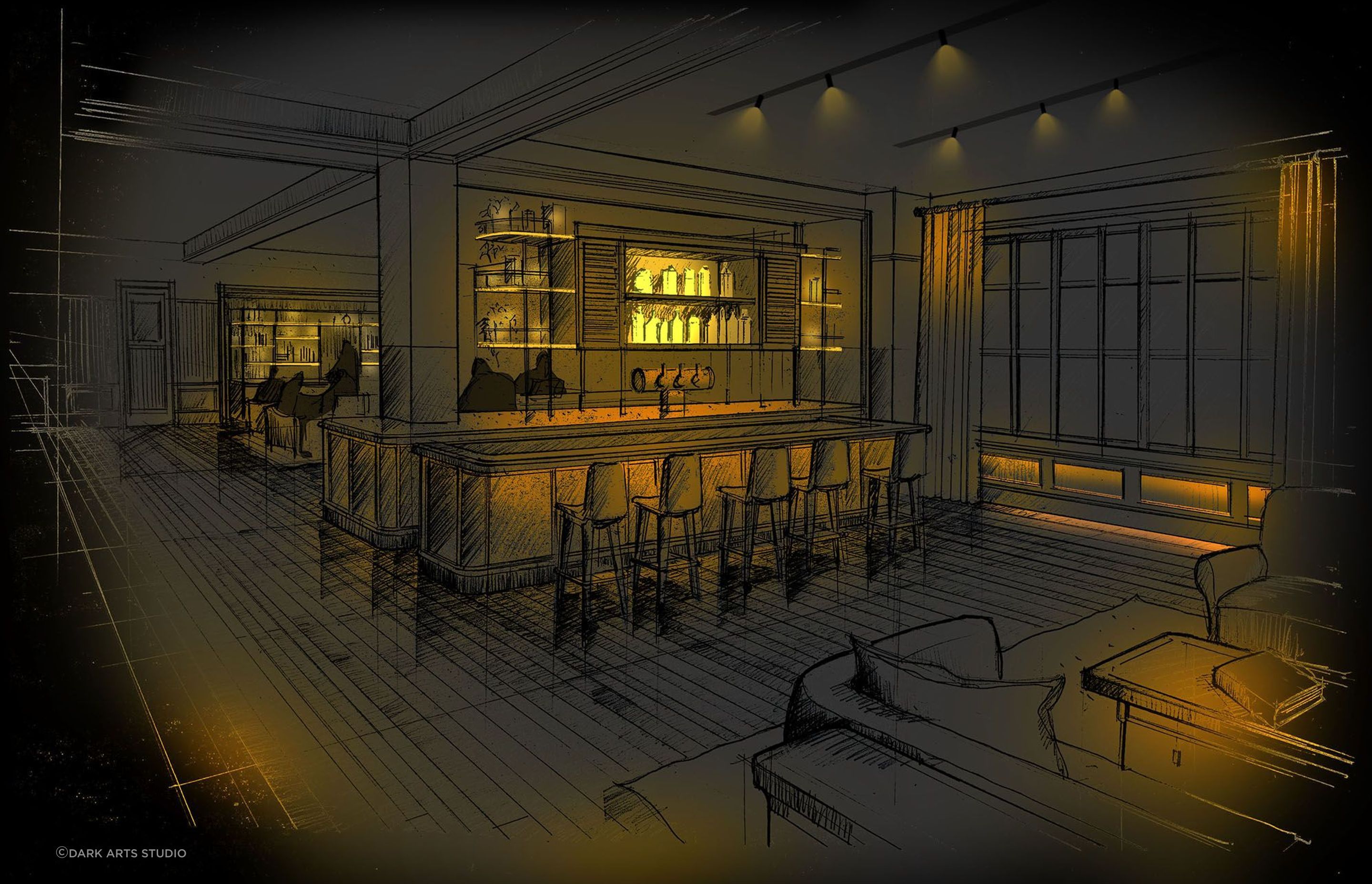 Darkarts Studio have created a beautiful lighting design concept for a cosy, warmly lit bar.