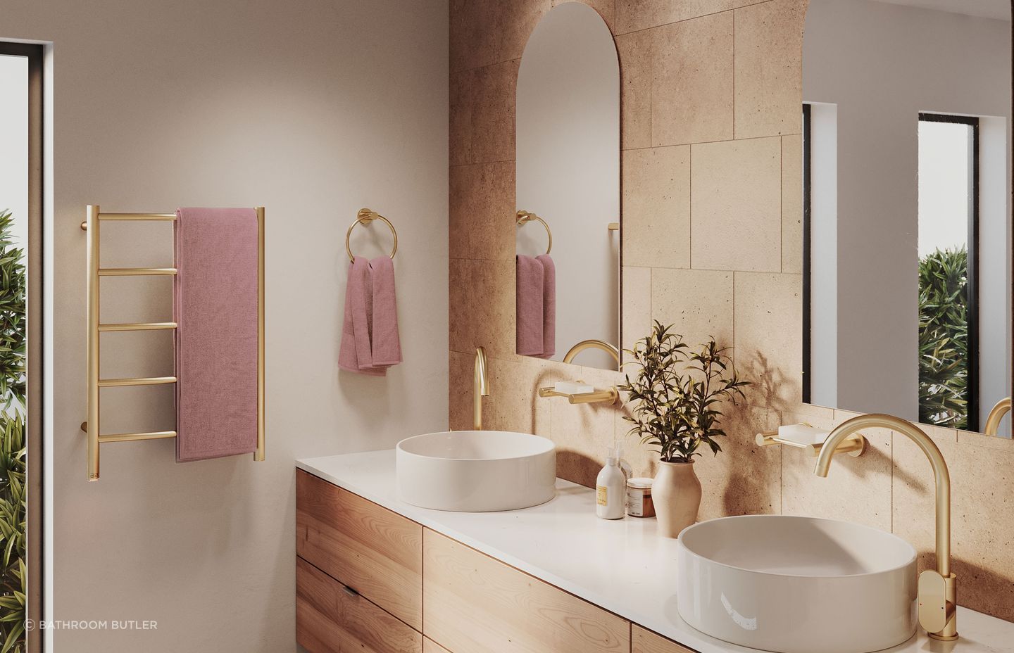 Bathroom Butler Champagne Gold 4600 Series Bathroom Accessories &amp; NATURAL 5 bar Heated Towel Rail