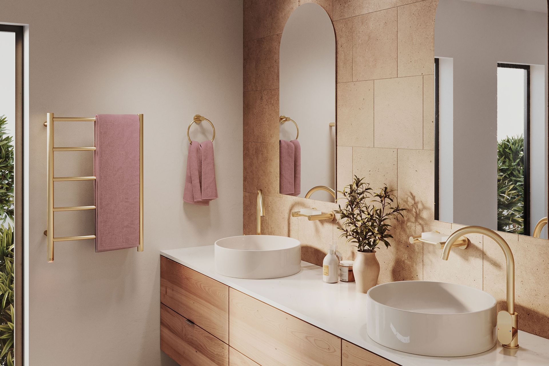 Bathroom Butler Champagne Gold 4600 Series Bathroom Accessories & NATURAL 5 bar Heated Towel Rail