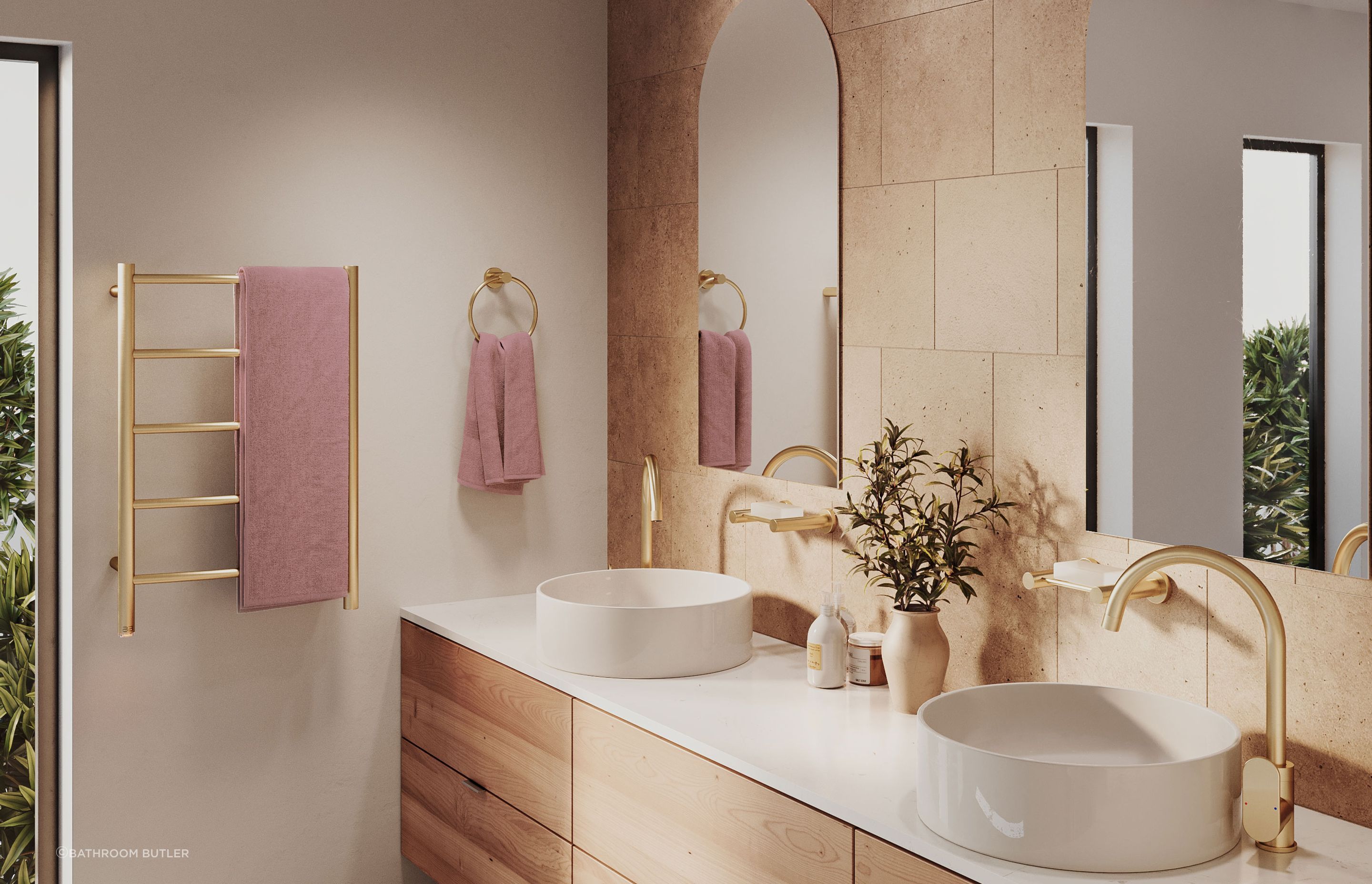 Bathroom Butler Champagne Gold 4600 Series Bathroom Accessories & NATURAL 5 bar Heated Towel Rail