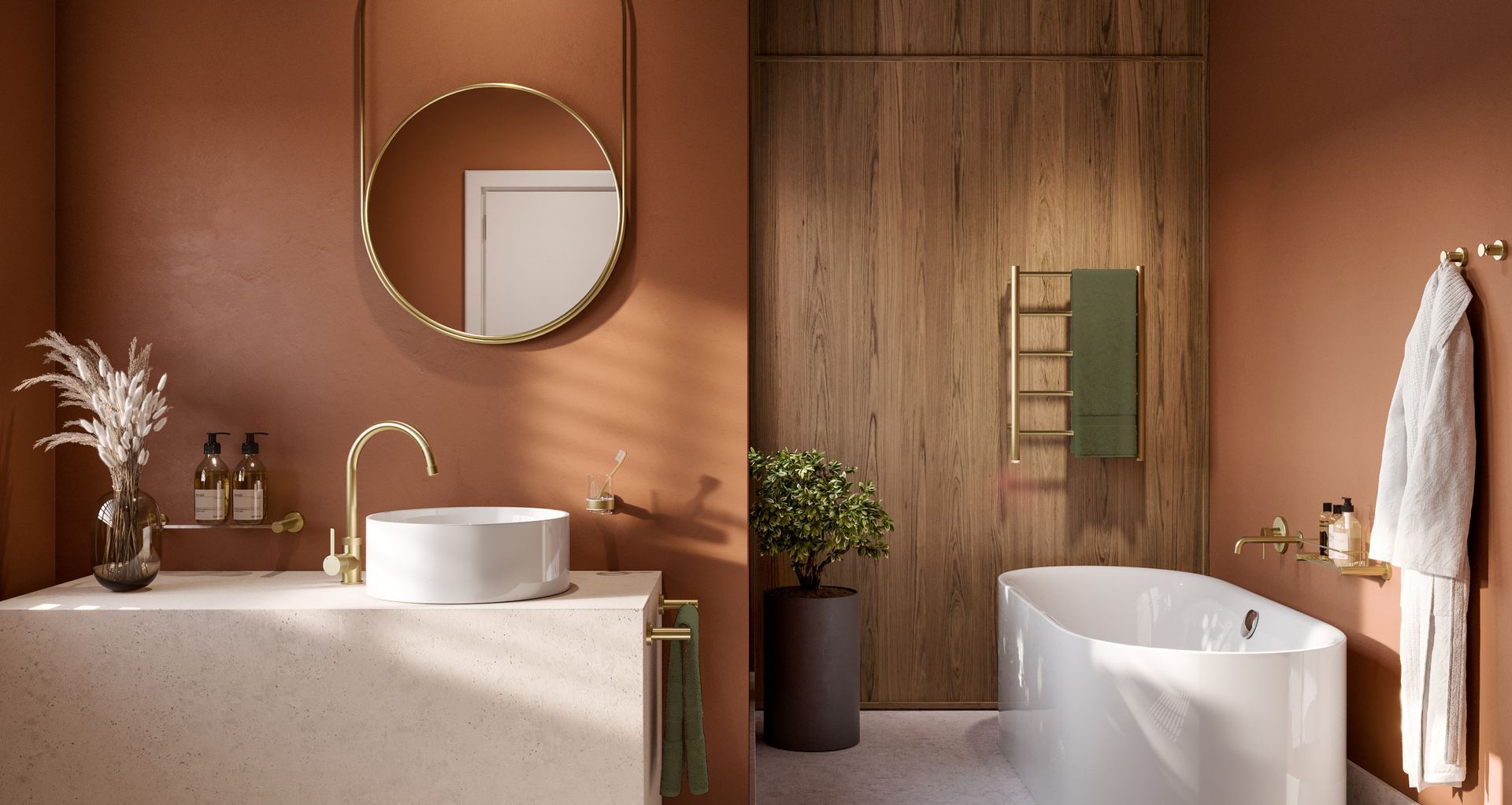 Bathroom Butler Champagne Gold 4600 Series Accessories &amp; NATURAL 5 bar Heated Towel Rail