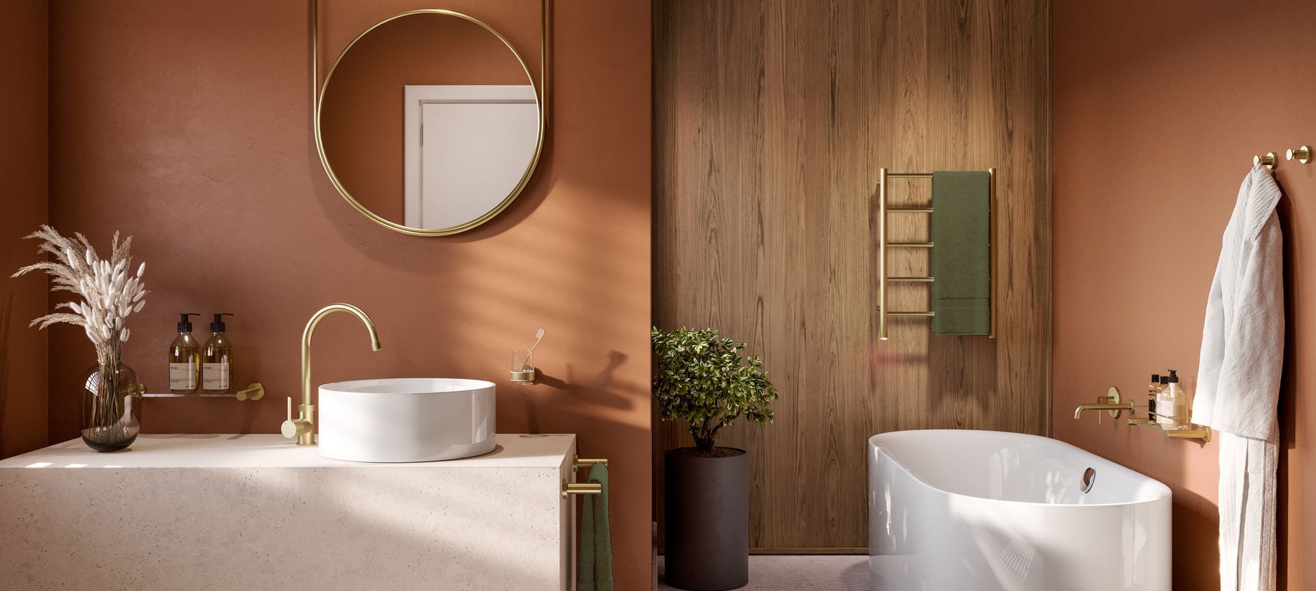 Bathroom Butler Champagne Gold 4600 Series Accessories &amp; NATURAL 5 bar Heated Towel Rail