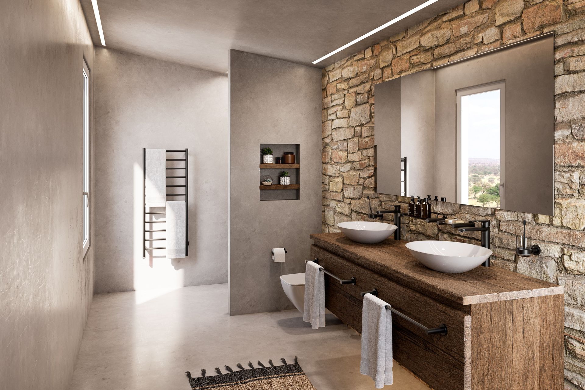 Bathroom Butler Matt Black 4600 Bathroom Accessories & NATURAL 12 bar Heated Towel Rail