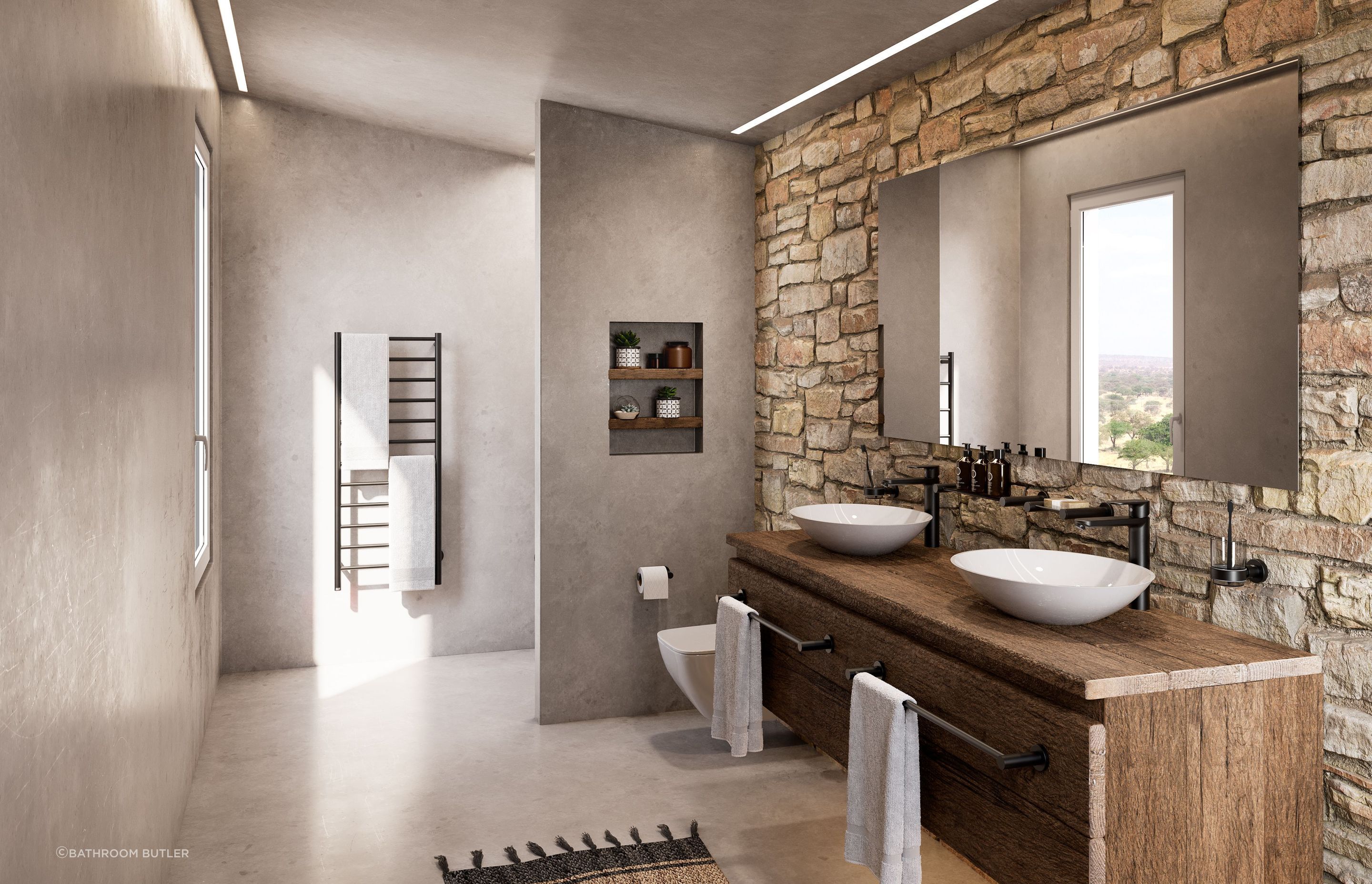 Bathroom Butler Matt Black 4600 Bathroom Accessories & NATURAL 12 bar Heated Towel Rail