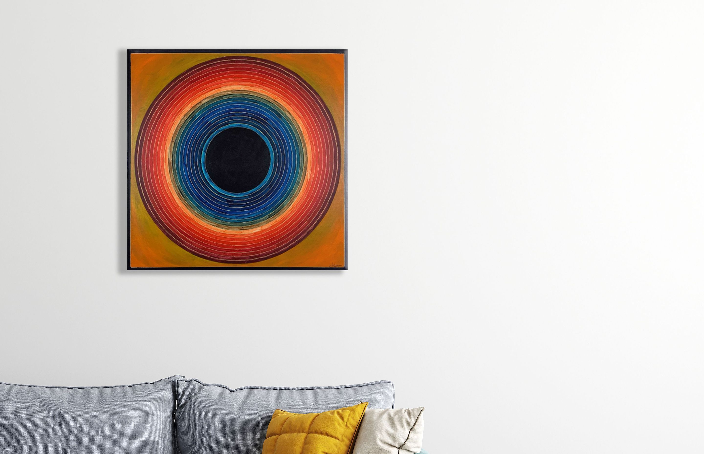a captivating geometric abstract artwork that seamlessly weaves together precision and artistic expression. The composition unfolds like a visual symphony, where vibrant shapes and lines dance across the canvas, creating a harmonious balance between order and chaos.