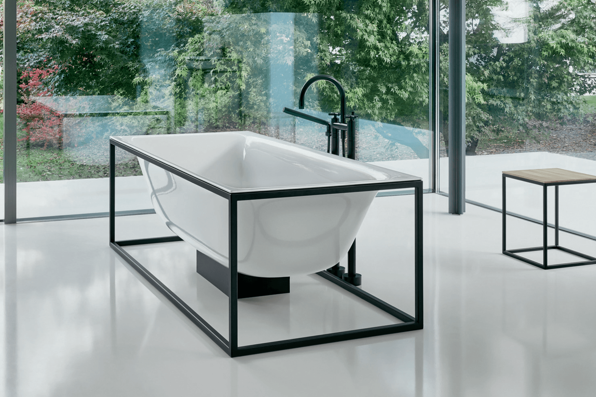 The powder-coated steel frame of the BetteLux Shape Freestanding Bath from Franklins is an artistic addition to the modern bath.