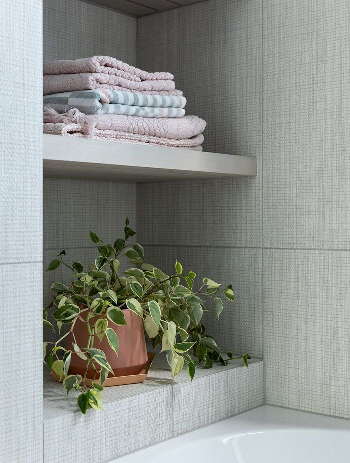 Built-in shelving in the bathroom.