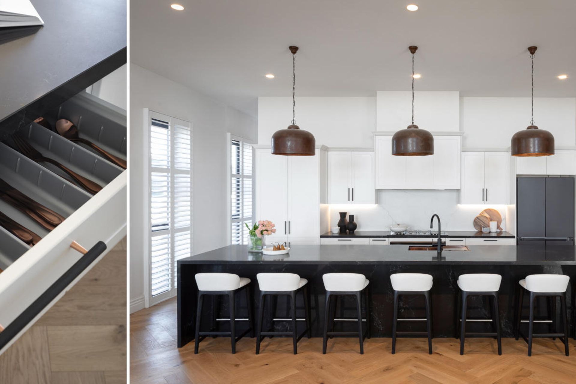 Image by: Freedom Kitchens, Black & Brass handles below the black benchtop which stretches across the room