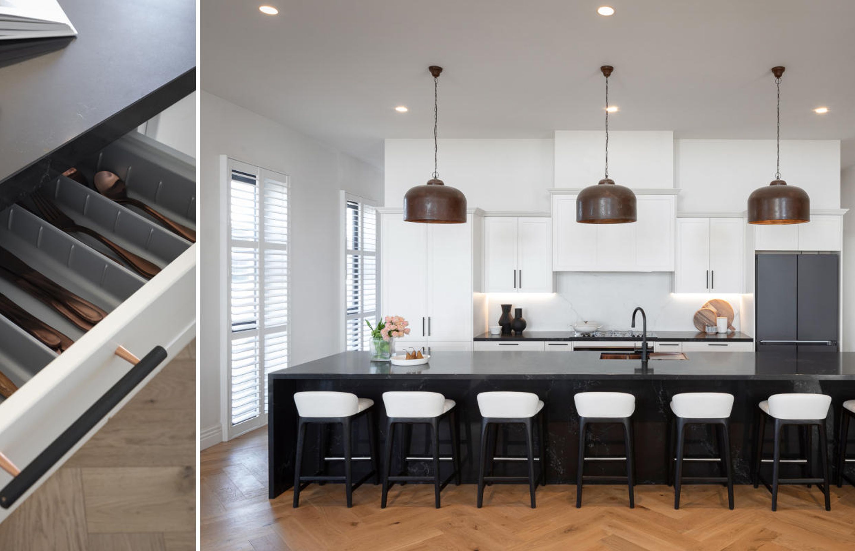 Image by: Freedom Kitchens, Black & Brass handles below the black benchtop which stretches across the room
