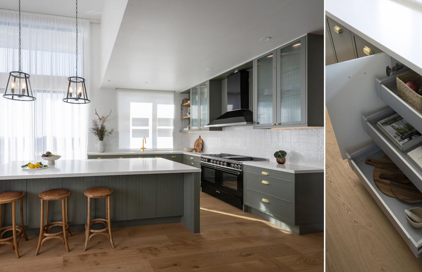 Image by: Freedom Kitchens, ArciTech drawers at it’s finest, functioning within the dark sage green cabinet