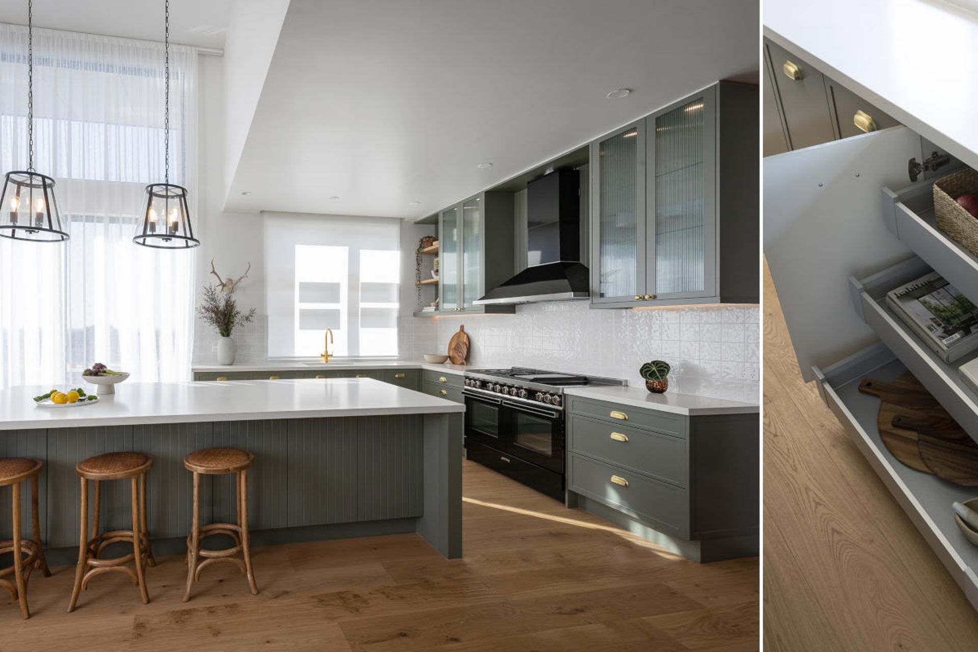 Image by: Freedom Kitchens, ArciTech drawers at it’s finest, functioning within the dark sage green cabinet