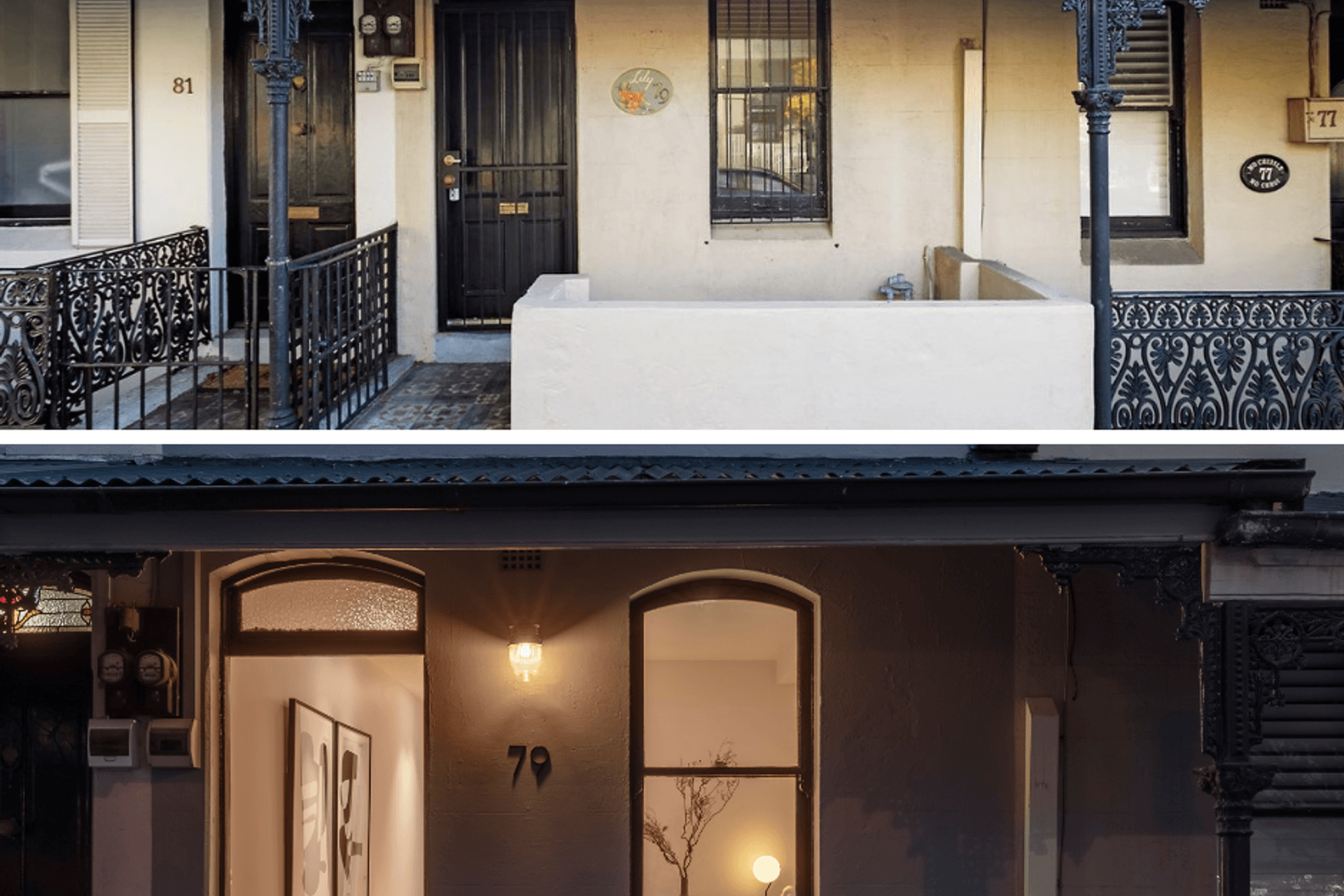 The exterior of the home before and after the renovation. After image: Murray Fredericks