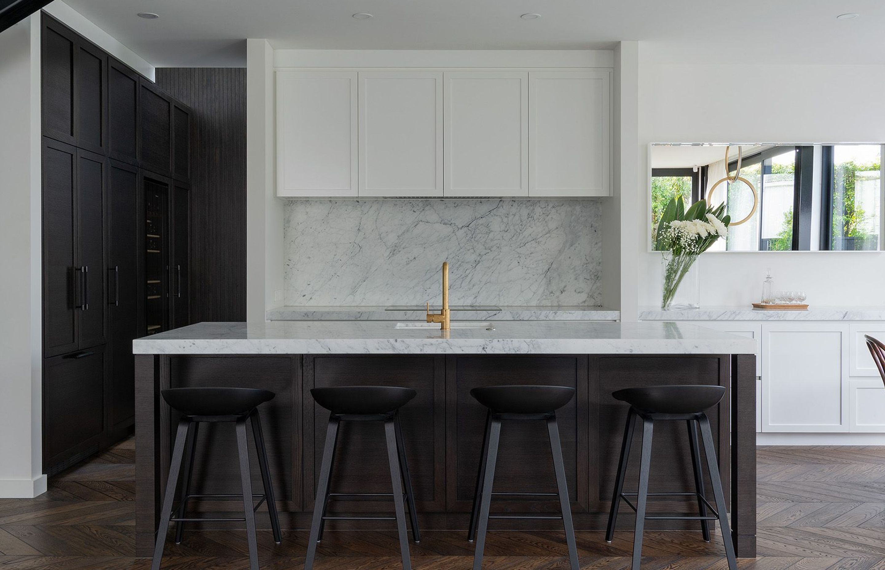 Kitchen design by Spatial Studio, Statuary marble accessorised with Buddy brushed brass organic tapware