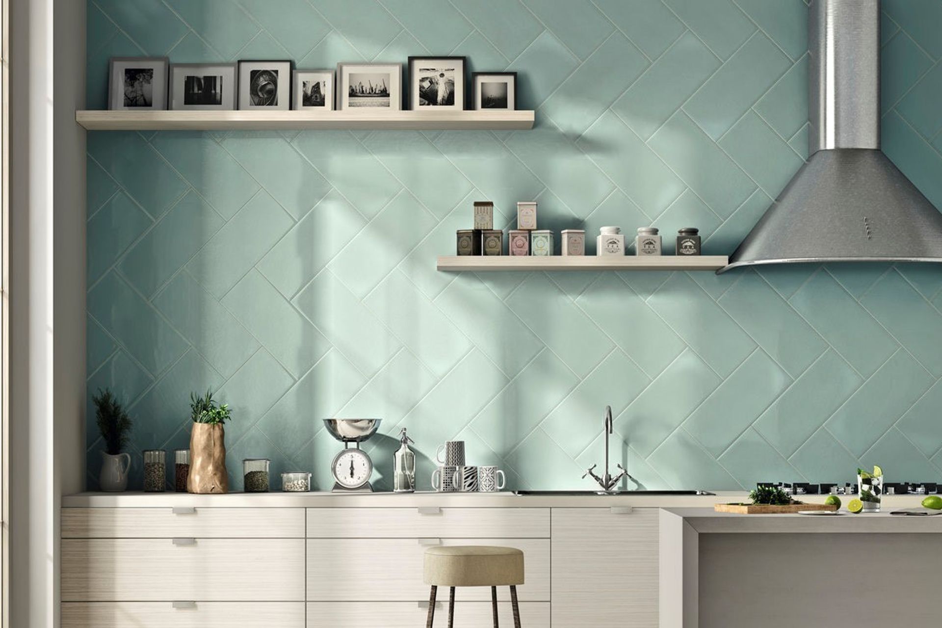 This splashback also acts as a feature wall with its cool aqua colour and brings a sort of serenity to the space when coupled with off white cabinet fronts. These glazed tiles have a smooth surface which are easy to clean. (Calx Aquamarina 100×300 tiles f