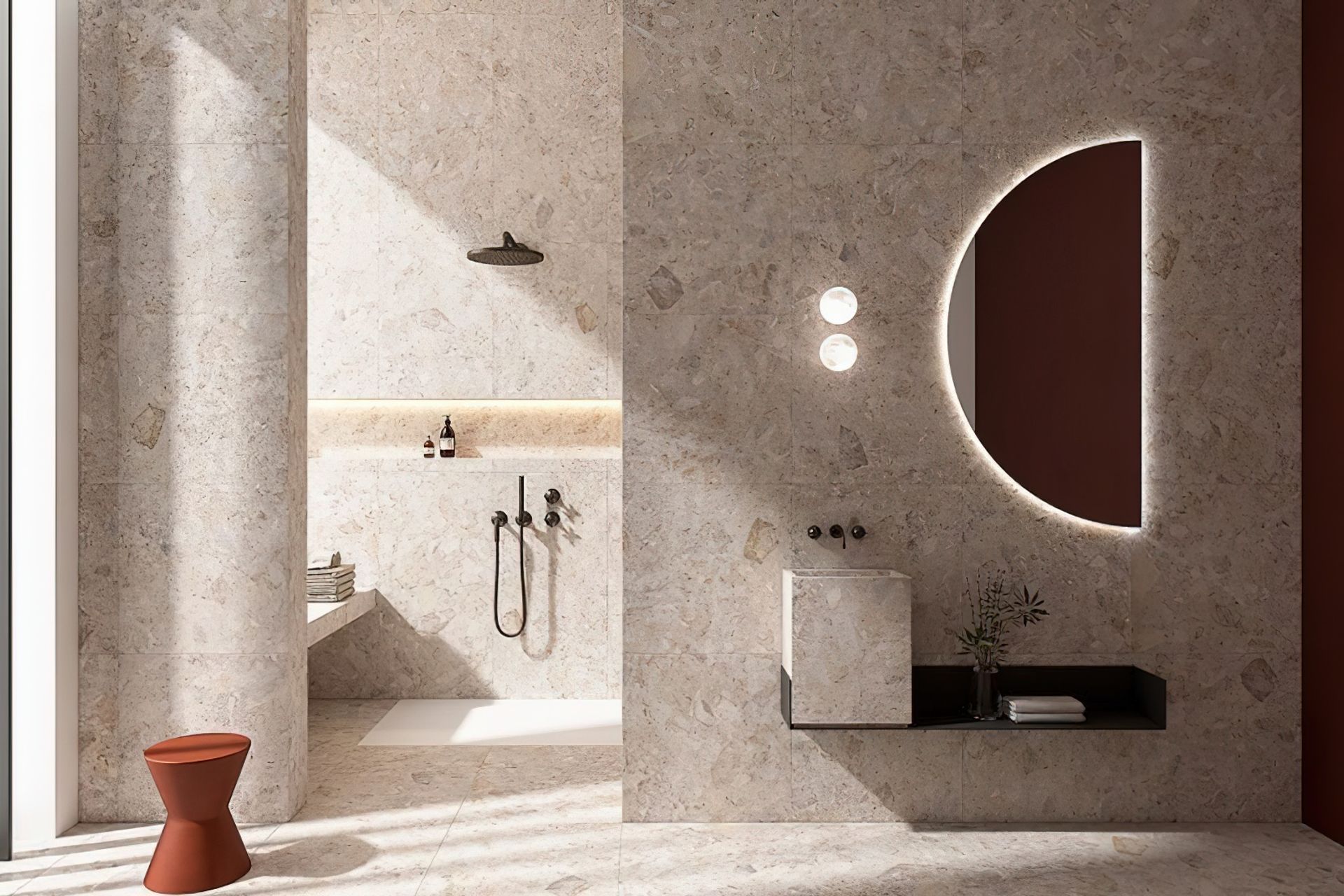 Available in a selection of rich and earthy neutral colour options, our Ceppo Stone Porcelain tiles offer a stunning alternative to real terrazzo tiles for the bathroom.