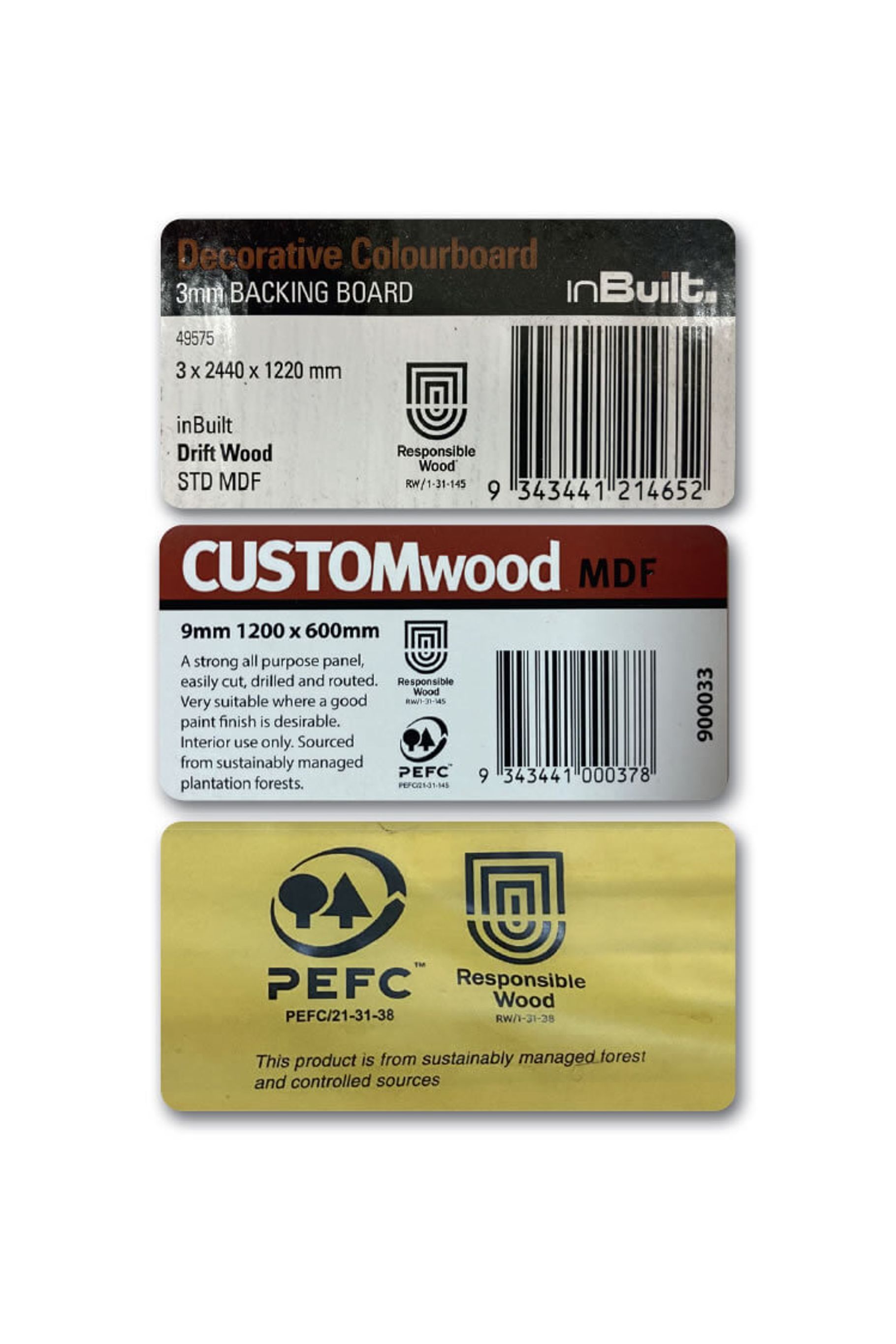 Three labels showing Responsible Wood and PEFC certification. The styles may be different, but each has details that will allow you to trace the sustainability claims.