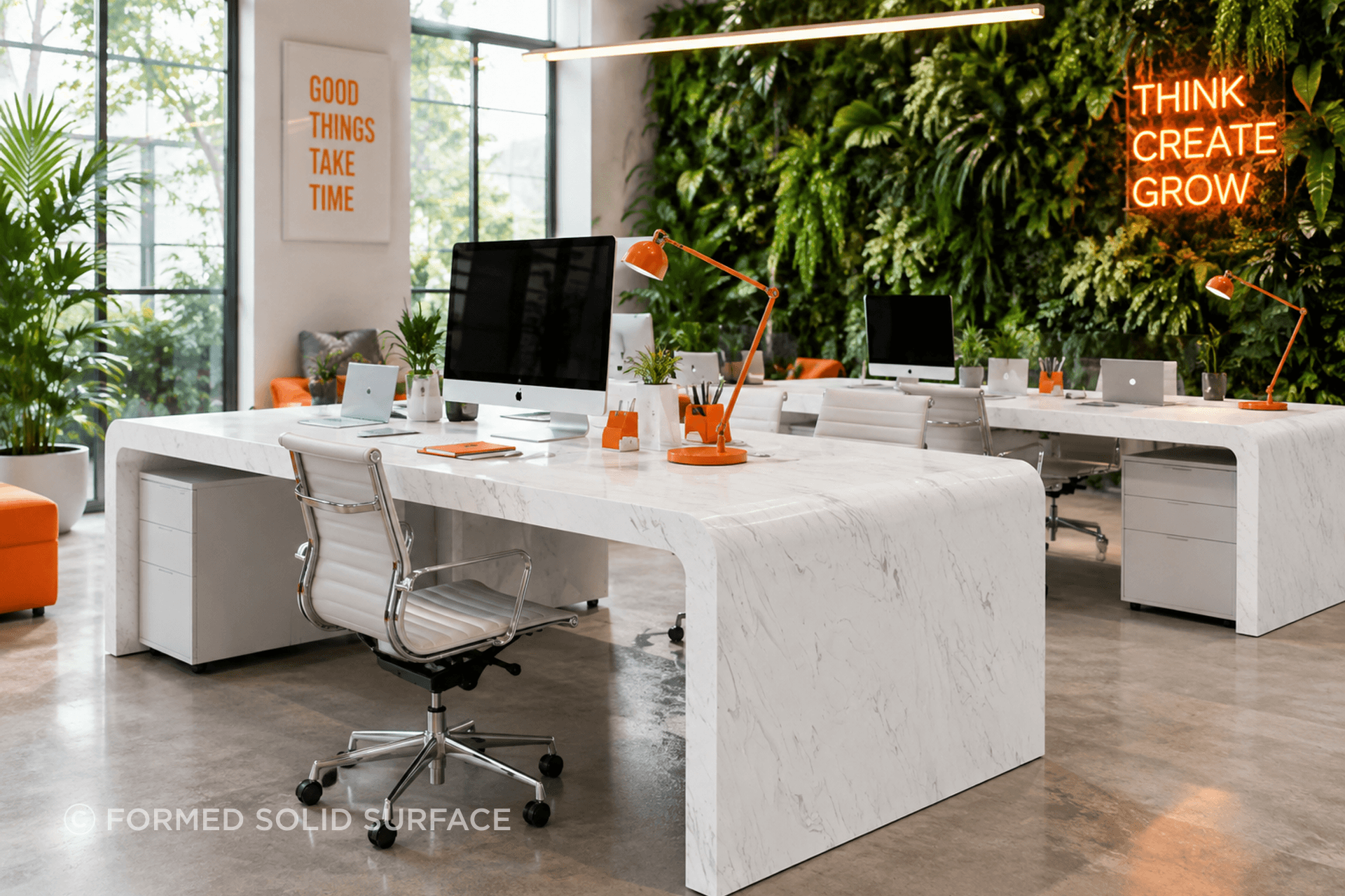 A fresh approach to the modern workplace. Thermoformed solid surface desks create seamless waterfall forms, bringing architectural curves, durability and considered design into a bright contemporary office environment.
