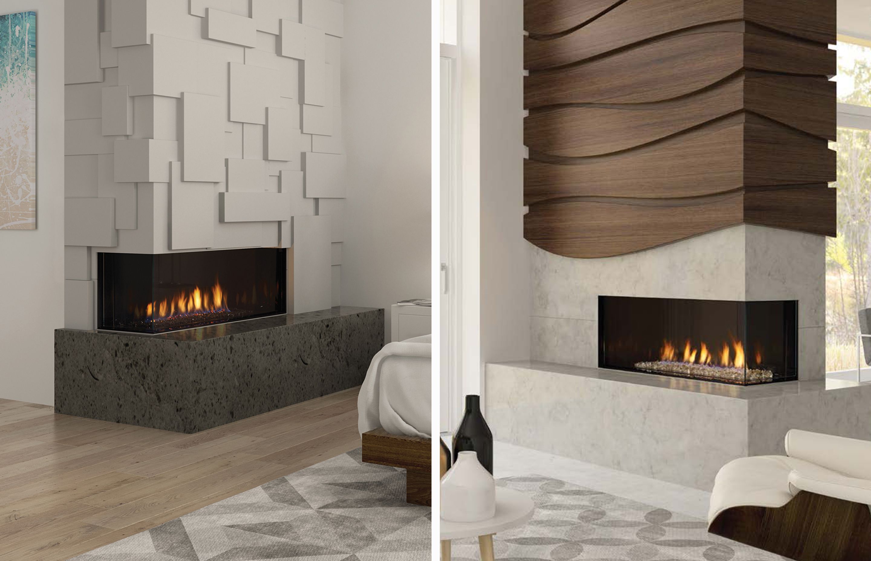 The Chicago double-sided fireplace comes in left- or right-hand options.