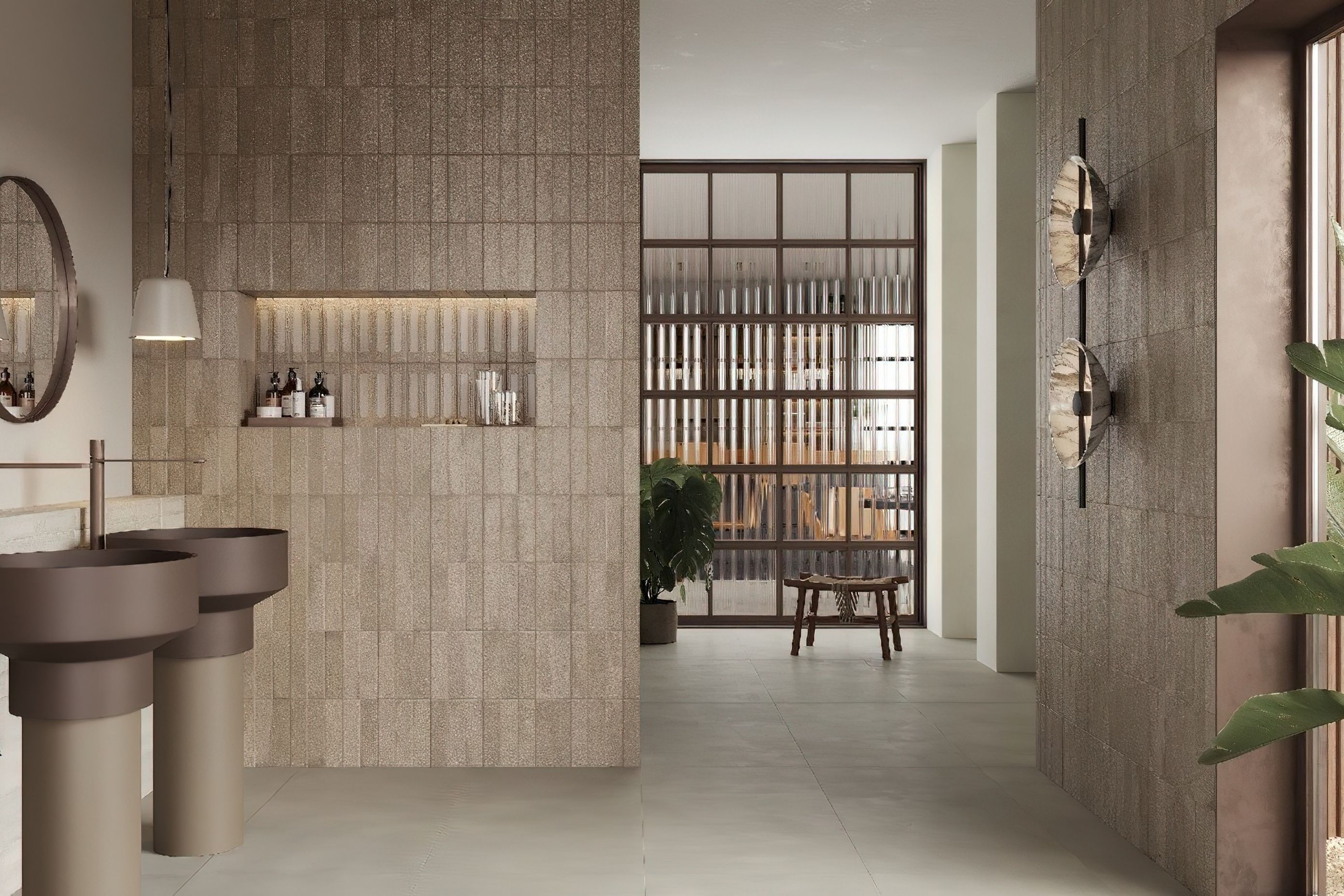 Timeless tile colour choices include beige, white, soft grey or charcoal. These neutral tones will create a rich and warm atmosphere in the home that always be on trend! Our luxe Cinder collection is pictured in this spacious bathroom design, adding a wonderfully tactile element to the space.