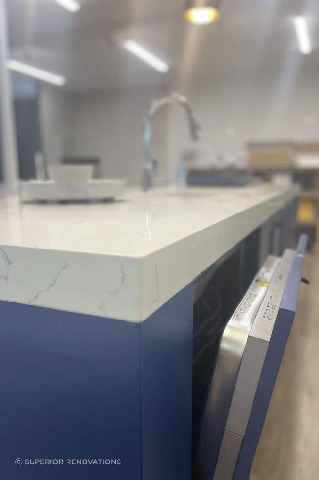 60mm engineered stone benchtop which combines to separate pieces of the benchtop to form a single benchtop.