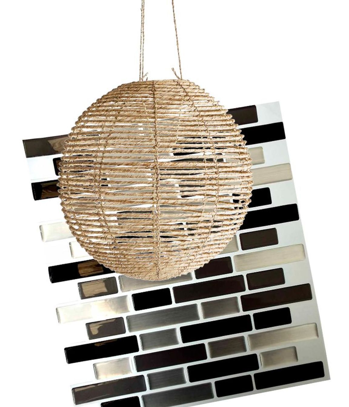 Metro ball lampshade, $279.99. from AC Homestore; Homelux peel &amp; stick wall tiles $54.98 (pack of four), from Mitre 10