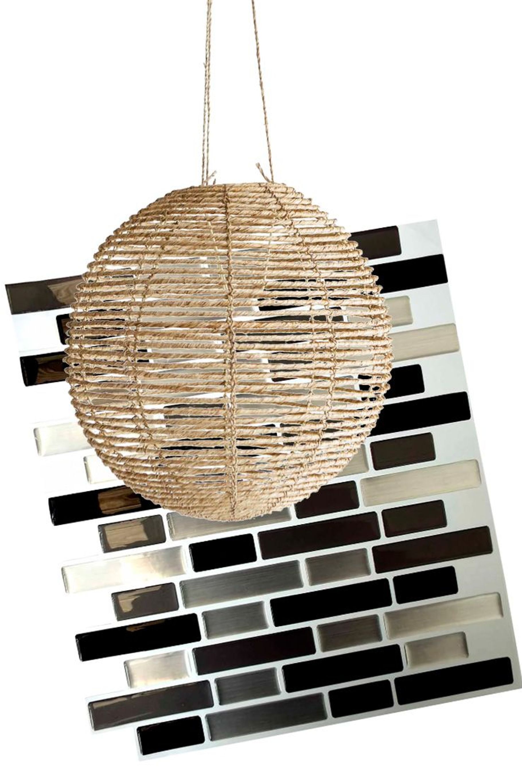 Metro ball lampshade, $279.99. from AC Homestore; Homelux peel & stick wall tiles $54.98 (pack of four), from Mitre 10