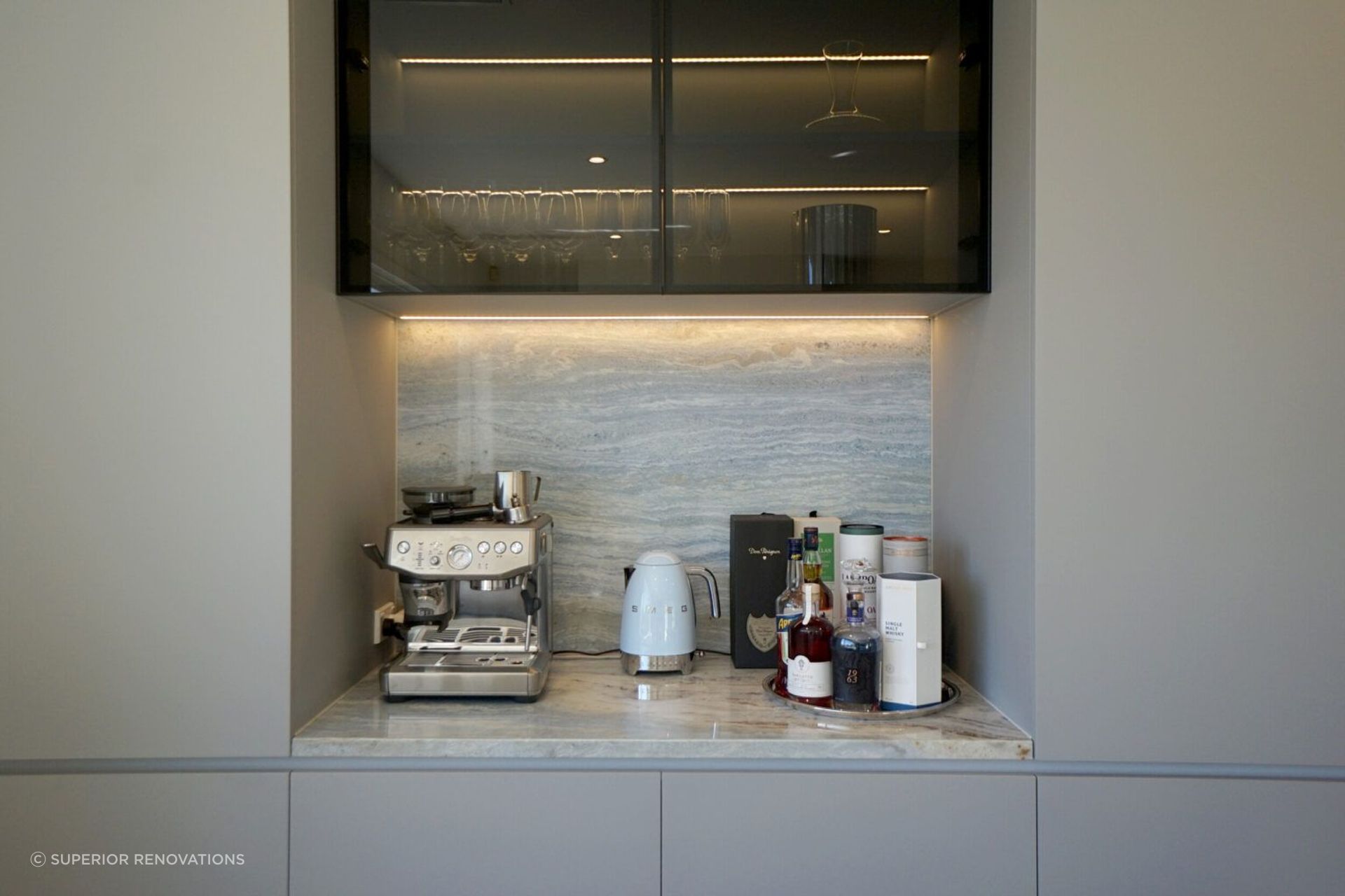 Clever use of lighting to elevate the over all design of this kitchen design