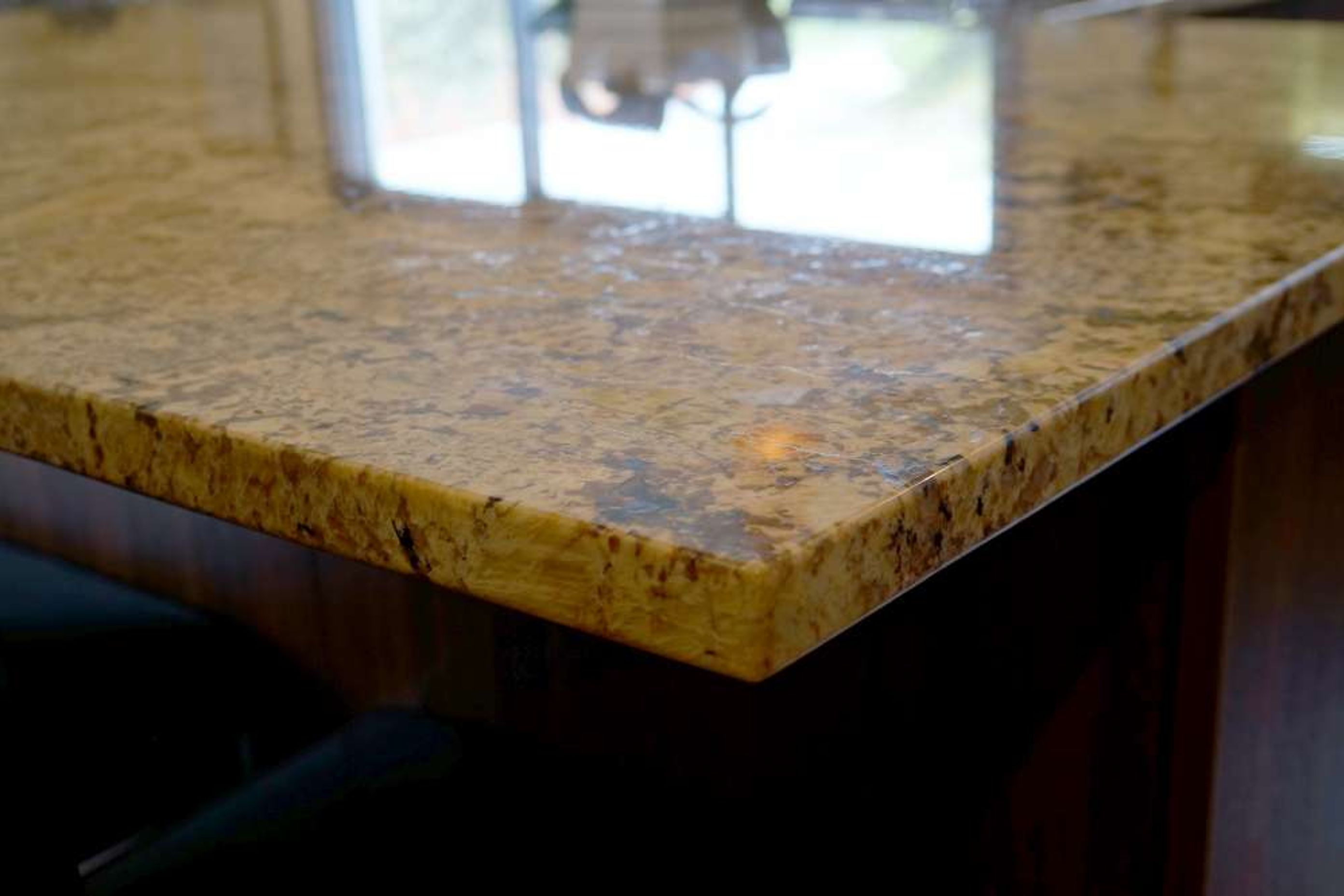 Custom built stone engineered countertop used for Mary’s kitchen. We made this engineered stone look like pattered granite with a shiny sheen. The pattern chosen above is called Autumn leaf and like its name has yellow and mustard undertones which complem