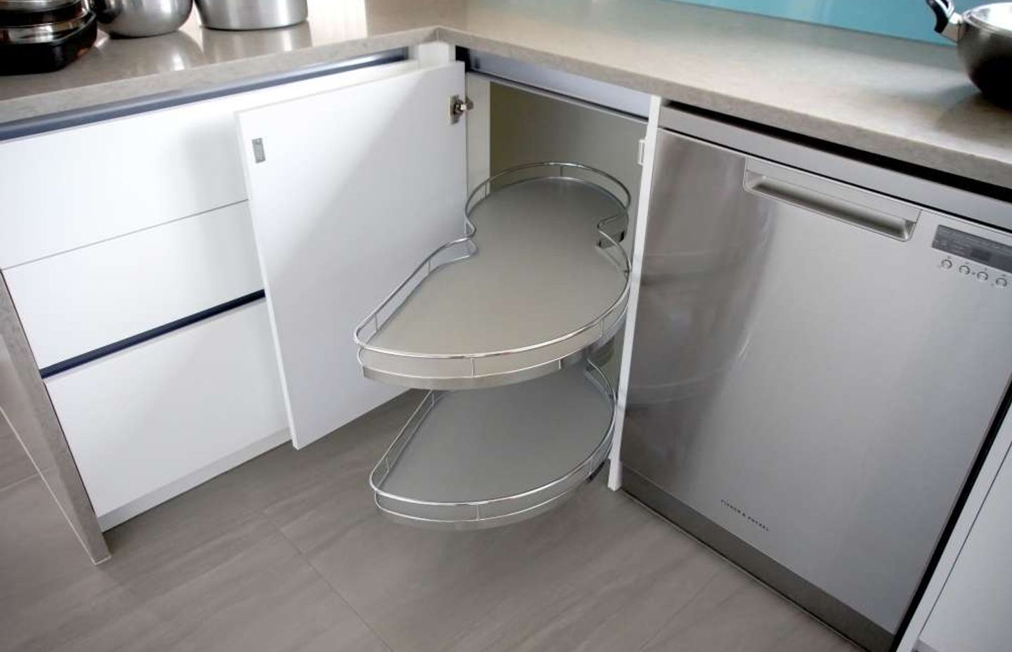 Magic corners to utilise the space in corner cabinets.