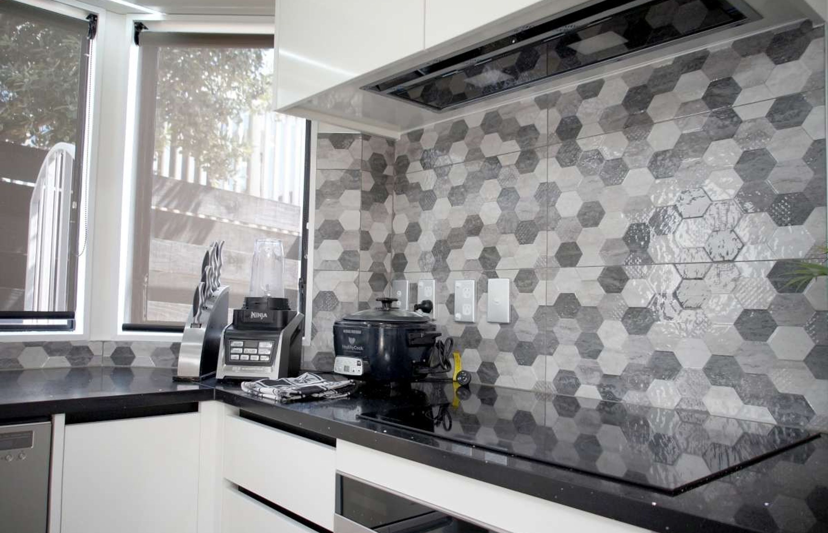 Hexagonal textured tiled used as a backsplash