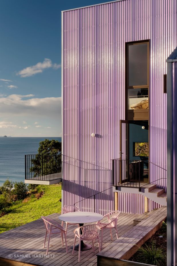Architect Dominic Glamuzina’s favourite aspect of the holiday home is the translucent industrial fibreglass cladding. “Some people think it looks like a jellyfish. I love the strange identity that it gets.” The outdoor furniture is from Early Settler.