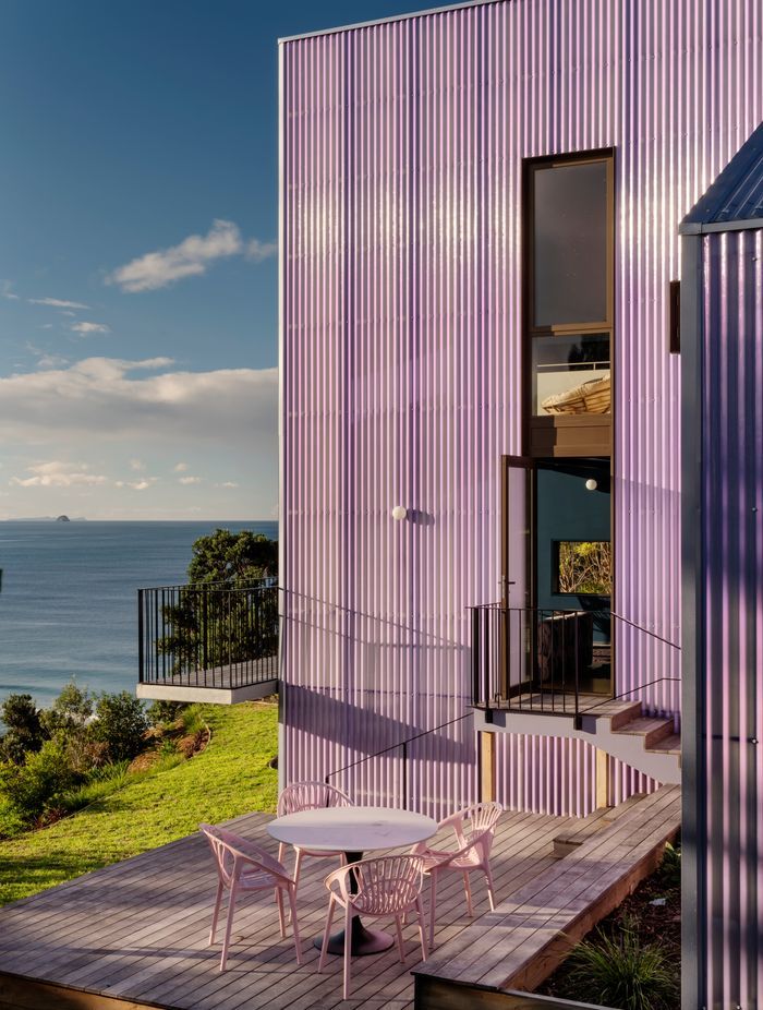 Architect Dominic Glamuzina’s favourite aspect of the holiday home is the translucent industrial fibreglass cladding. “Some people think it looks like a jellyfish. I love the strange identity that it gets.” The outdoor furniture is from Early Settler.