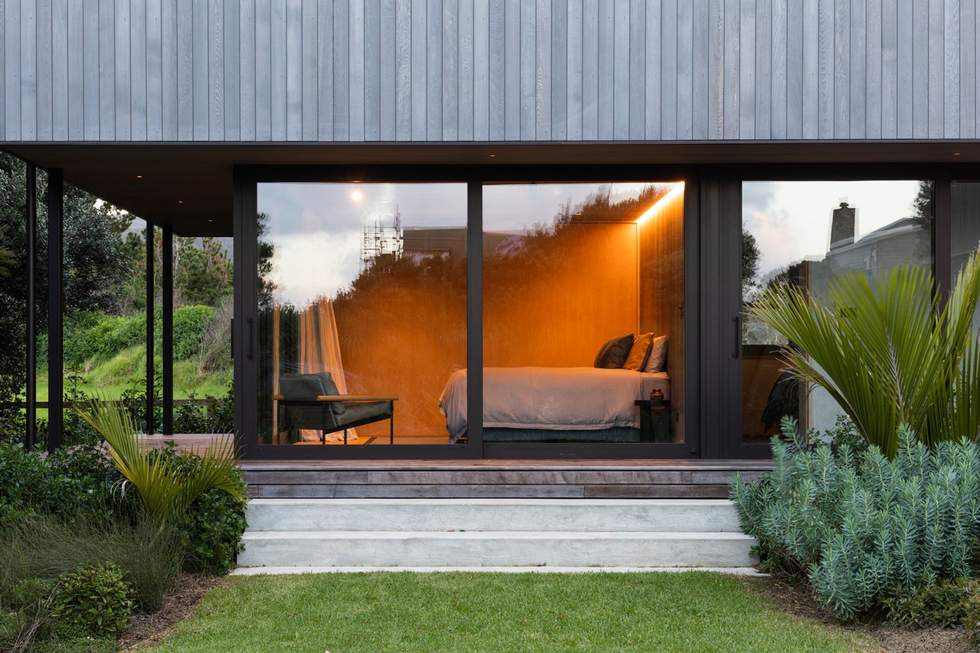 The guest bedroom at the south end of the horizontal form.