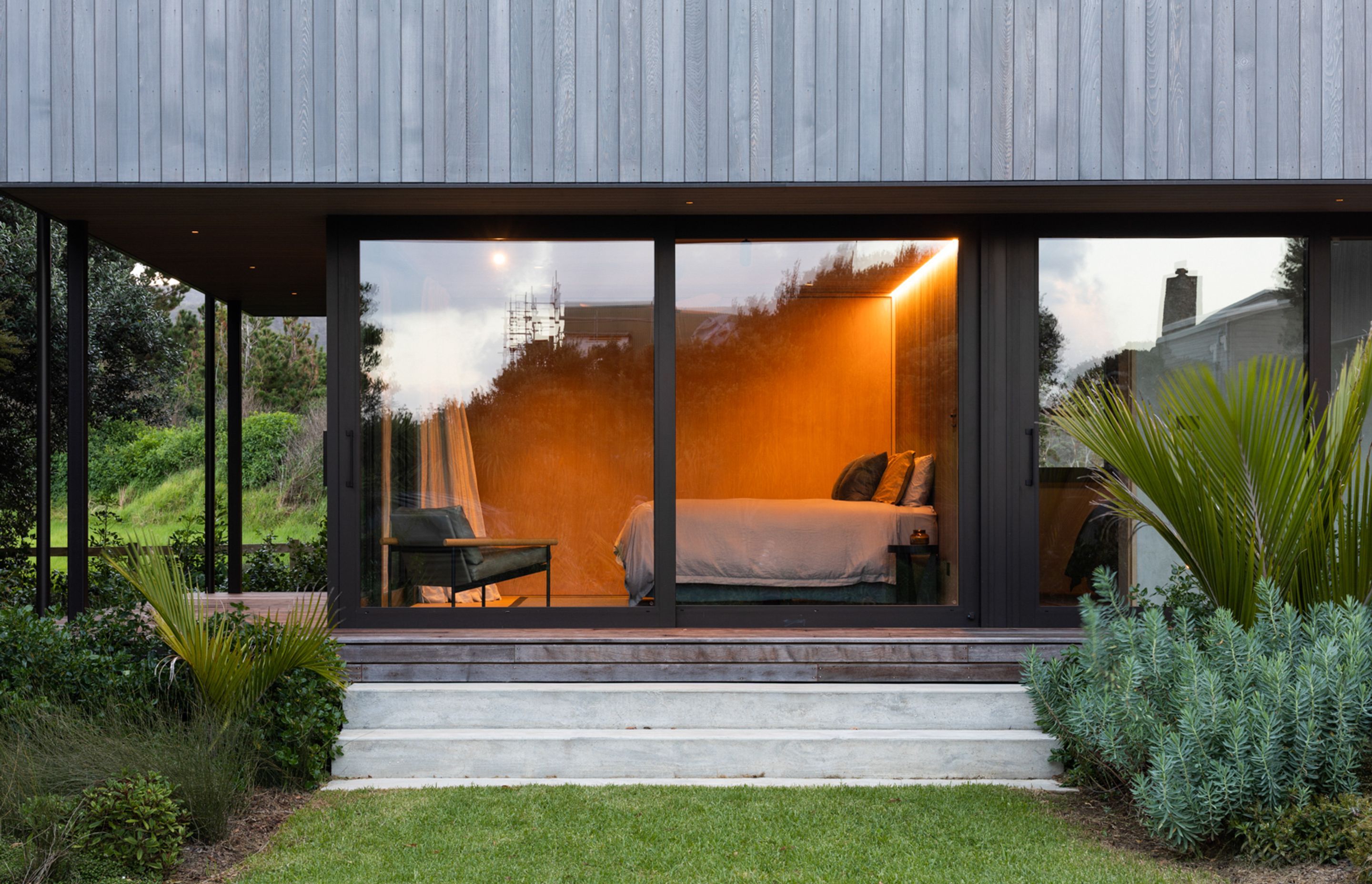 The guest bedroom at the south end of the horizontal form.