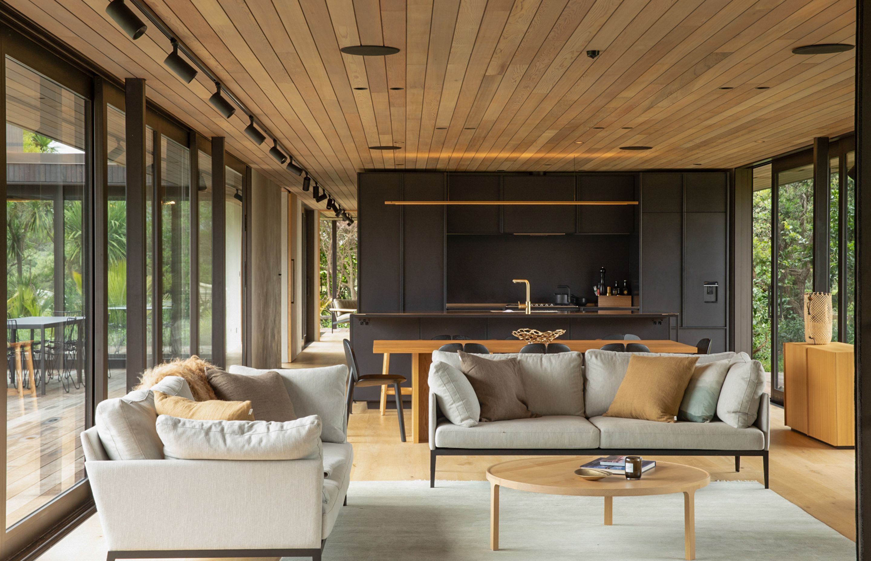 The interior materiality palette is taken directly from the natural surroundings. Image credit: David Straight