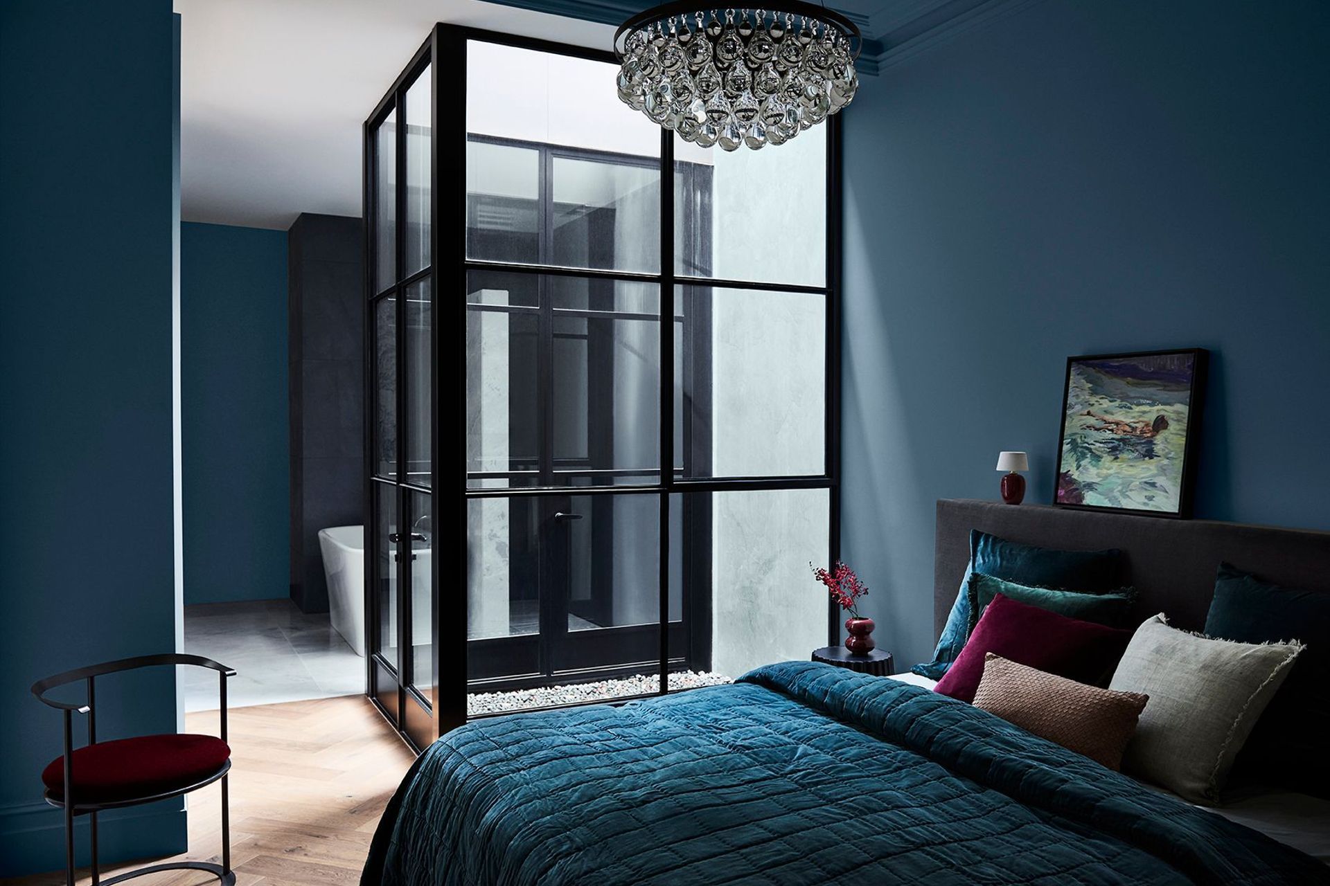 Image supplied by Dulux. Styling: Bree Leech; Photography: Lisa Cohen. Image features Dulux Spectacle Lake &amp; Manorburn Quarter. Artwork – “Swimmer Ritual” by Marko Hrubyj Piper.