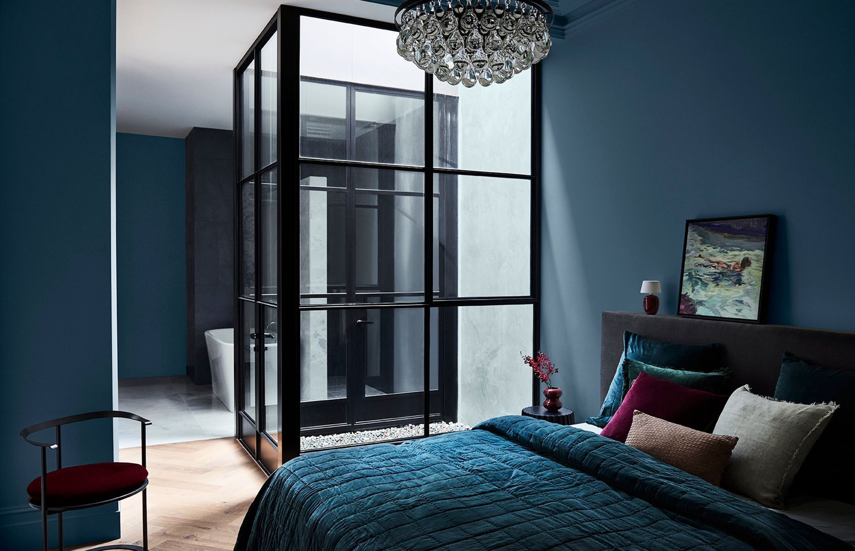 Image supplied by Dulux. Styling: Bree Leech; Photography: Lisa Cohen. Image features Dulux Spectacle Lake &amp; Manorburn Quarter. Artwork – “Swimmer Ritual” by Marko Hrubyj Piper.